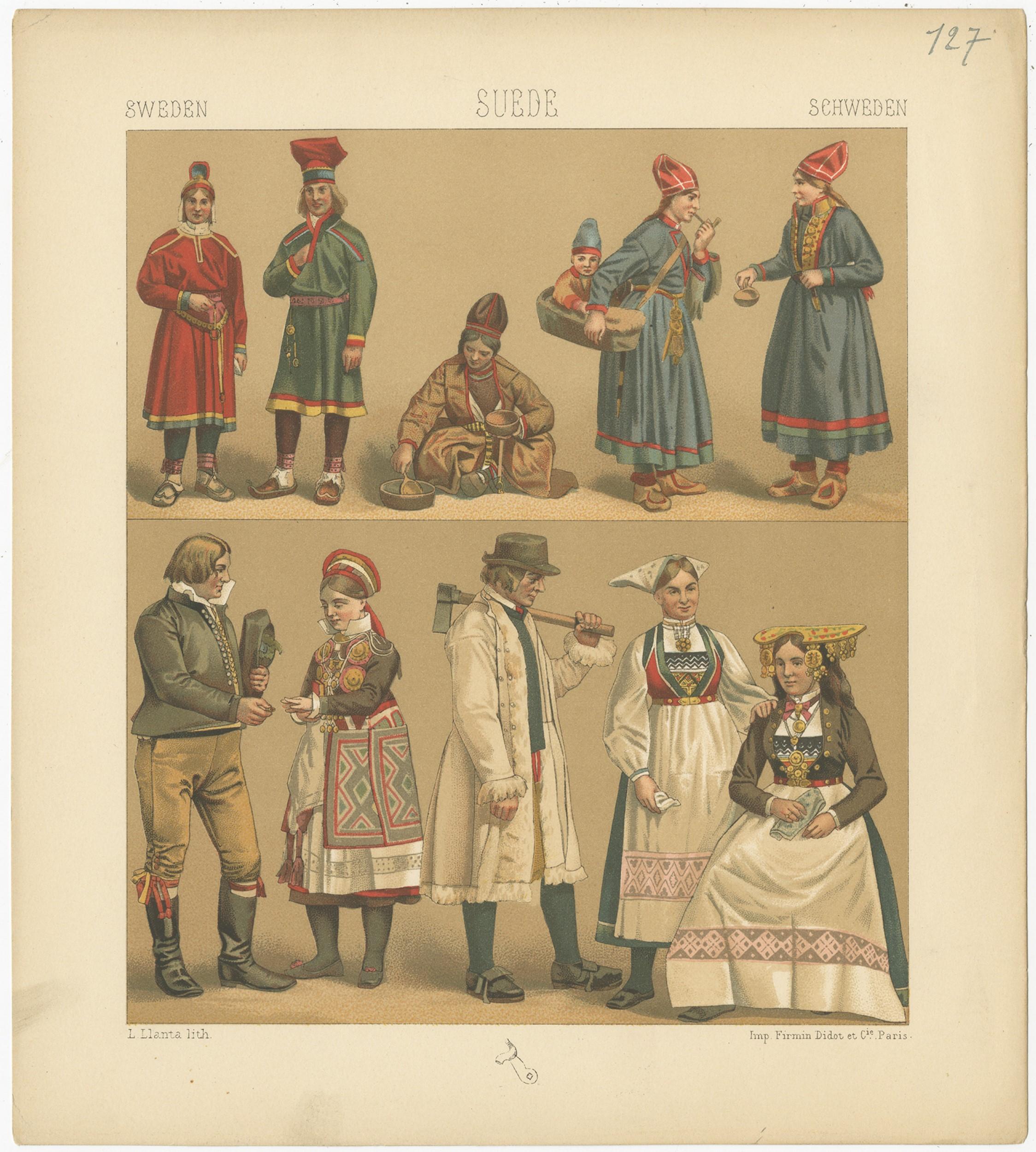 Antique print titled 'Sweden - Suede - Schweden'. Chromolithograph of Swedish Costumes. This print originates from 'Le Costume Historique' by M.A. Racinet. Published, circa 1880.