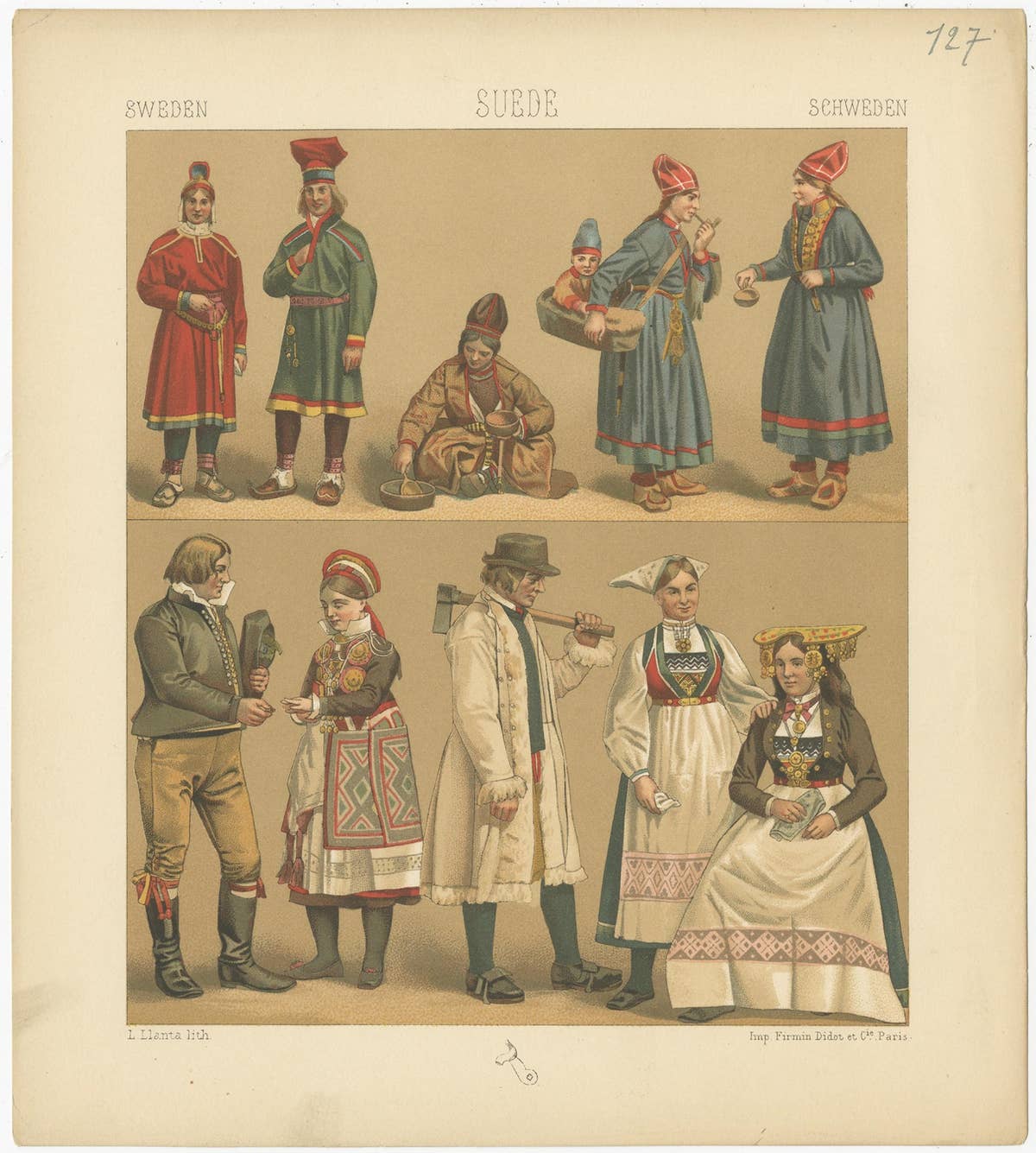Pl. 127 Antique Print of Swedish Costumes of Racinet, 'circa 1880'