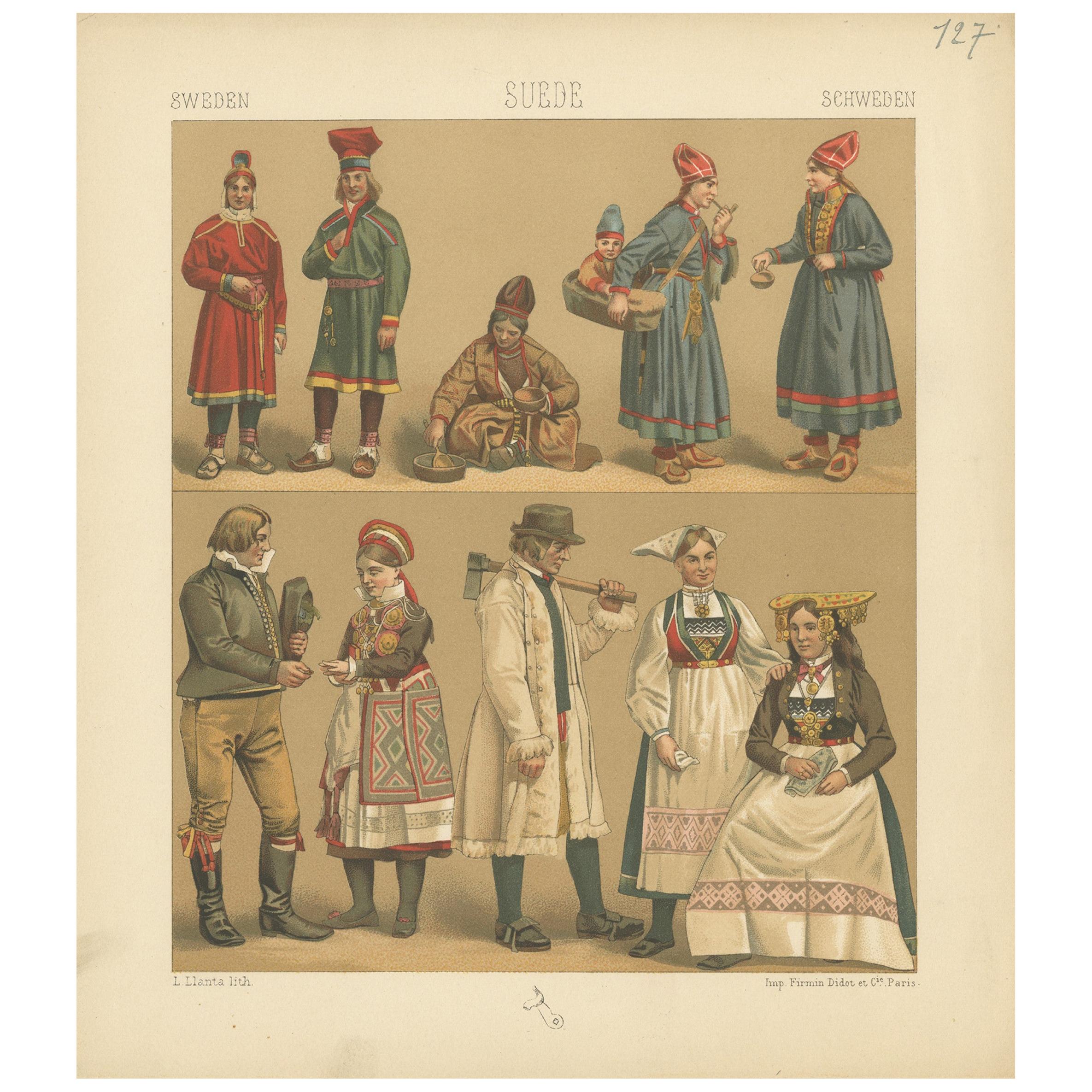 Pl. 127 Antique Print of Swedish Costumes of Racinet, 'circa 1880'