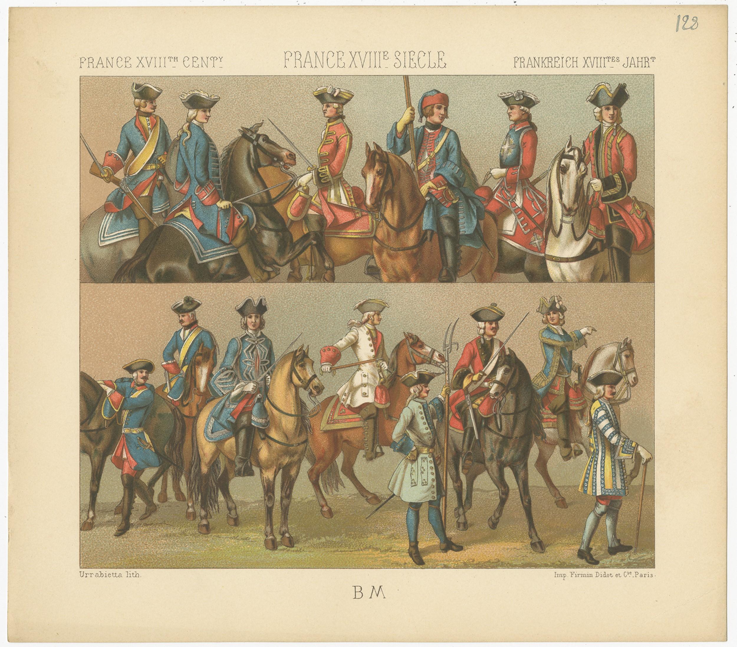 Antique print titled 'France XVIIIth Cent - France XVIIIe, Siecle - Frankreich XVIIItes Jahr'. Chromolithograph of French 18th century military outfits. This print originates from 'Le Costume Historique' by M.A. Racinet. Published, circa