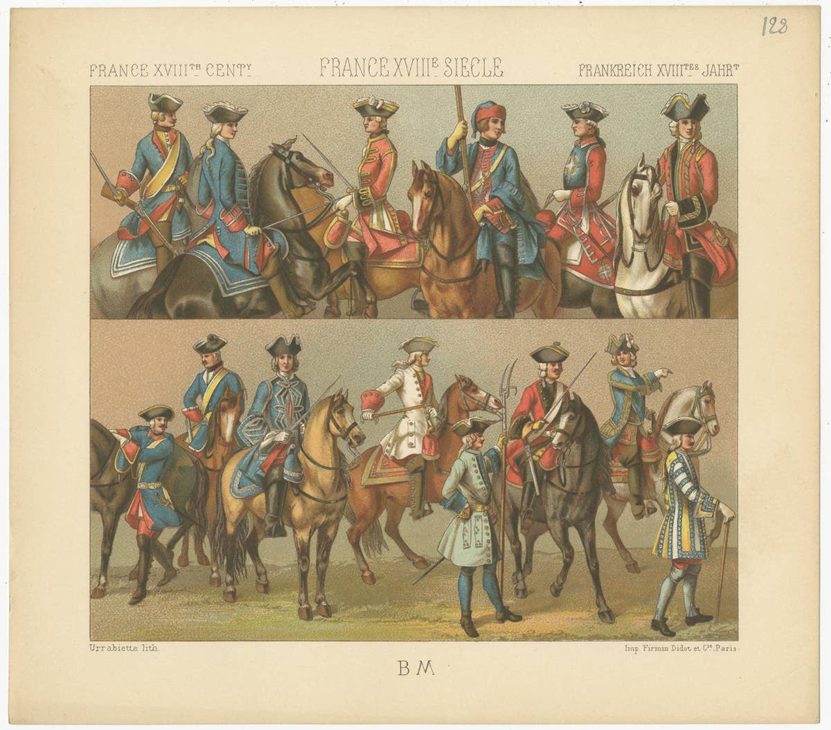Pl 128 Antique Print of French 18th Century Military Outfits by Racinet
