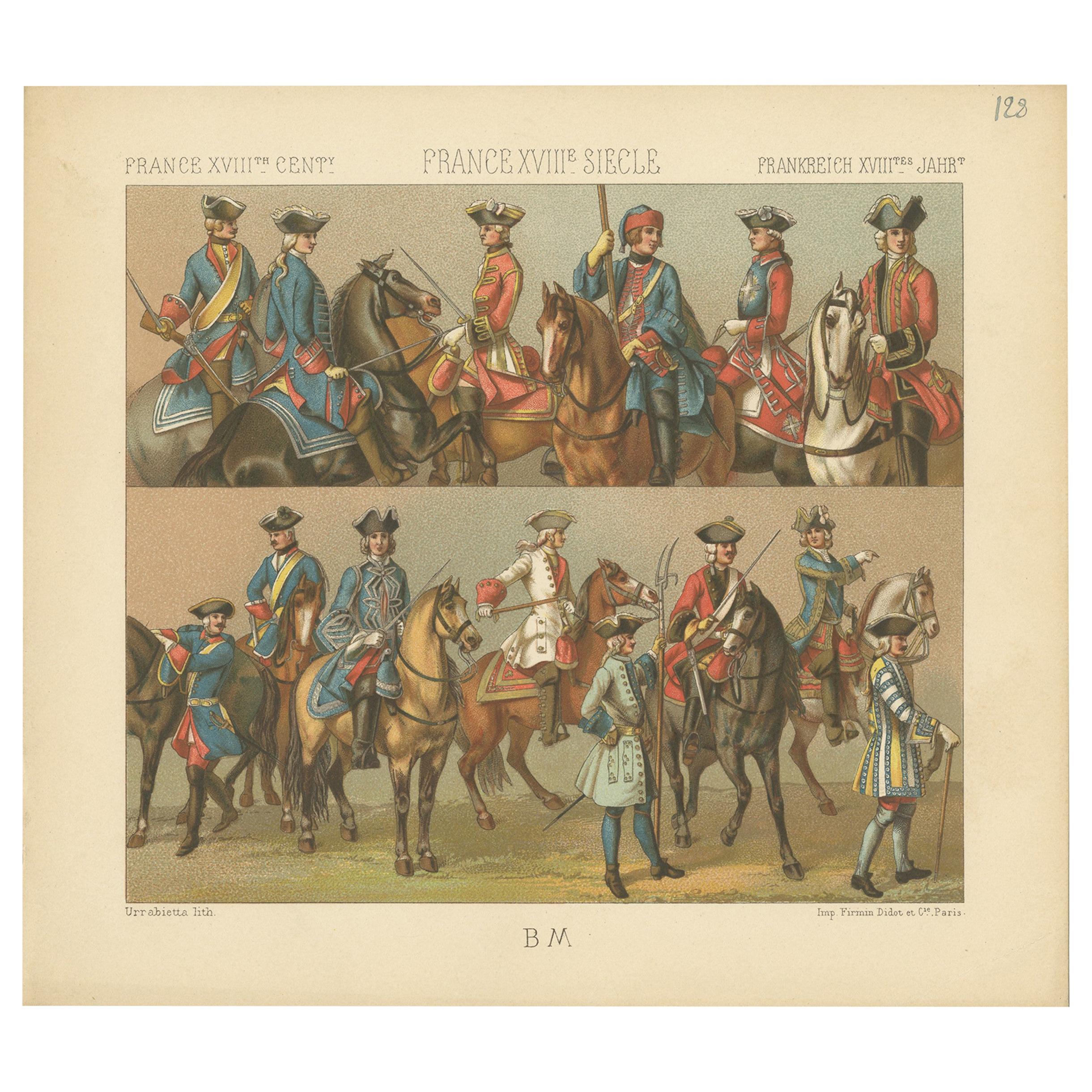 Pl 128 Antique Print of French 18th Century Military Outfits by Racinet For Sale