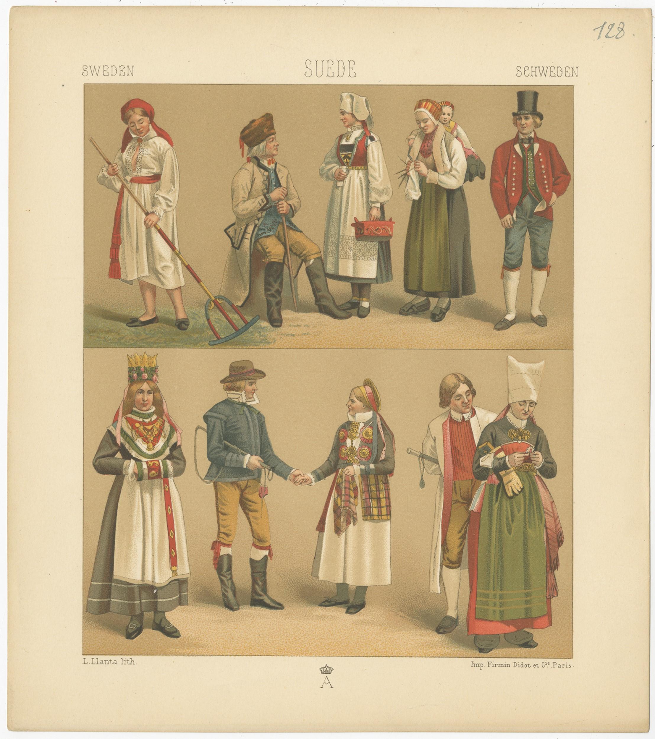 XIXe siècle Pl. 128 Estampe ancienne de costumes suédois de CIRCA, 'circa 1880' en vente