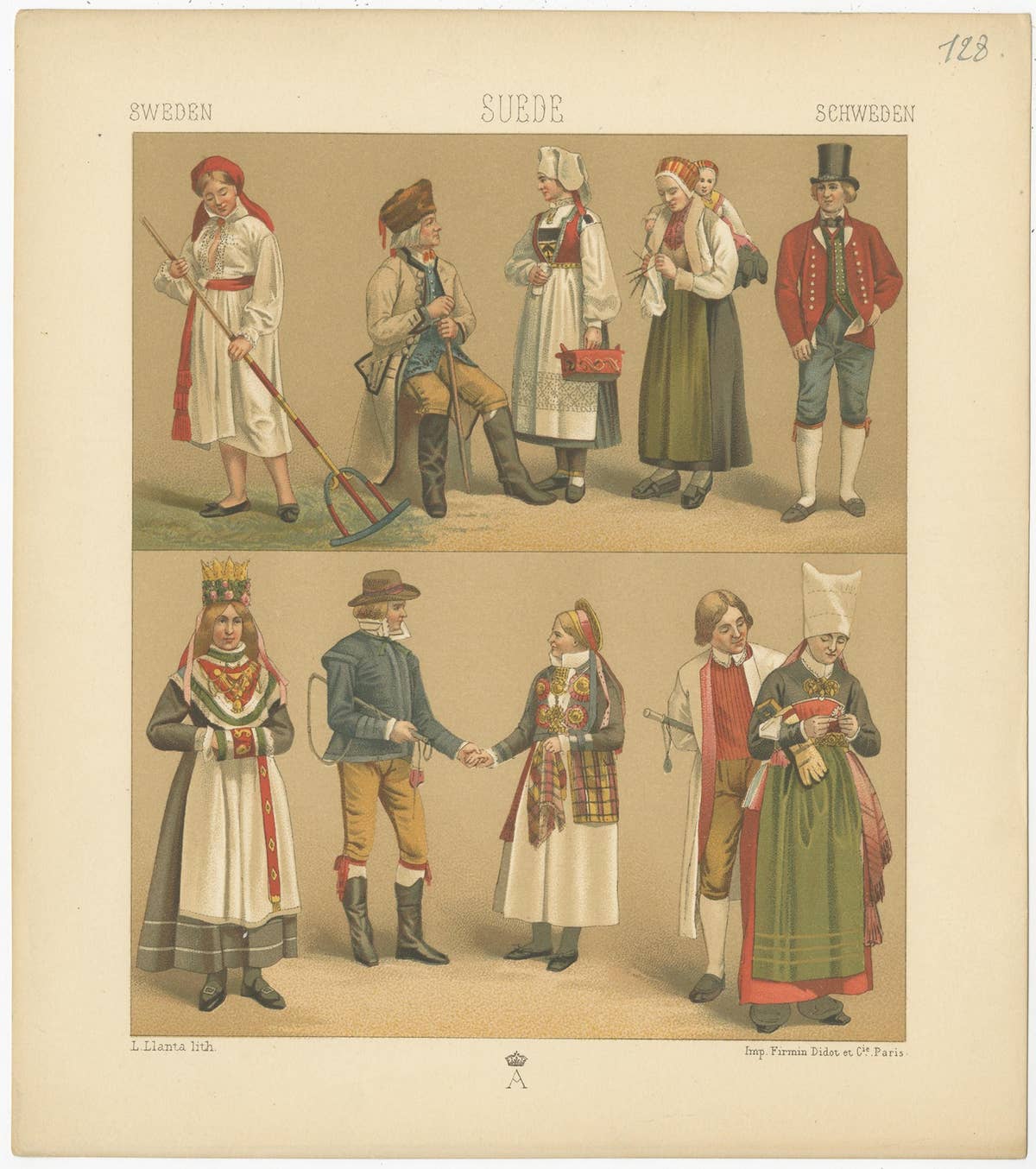 Pl. 128 Antique Print of Swedish Costumes of Racinet, 'circa 1880'
