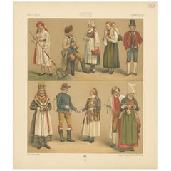Pl. 128 Antique Print of Swedish Costumes of Racinet, 'circa 1880'