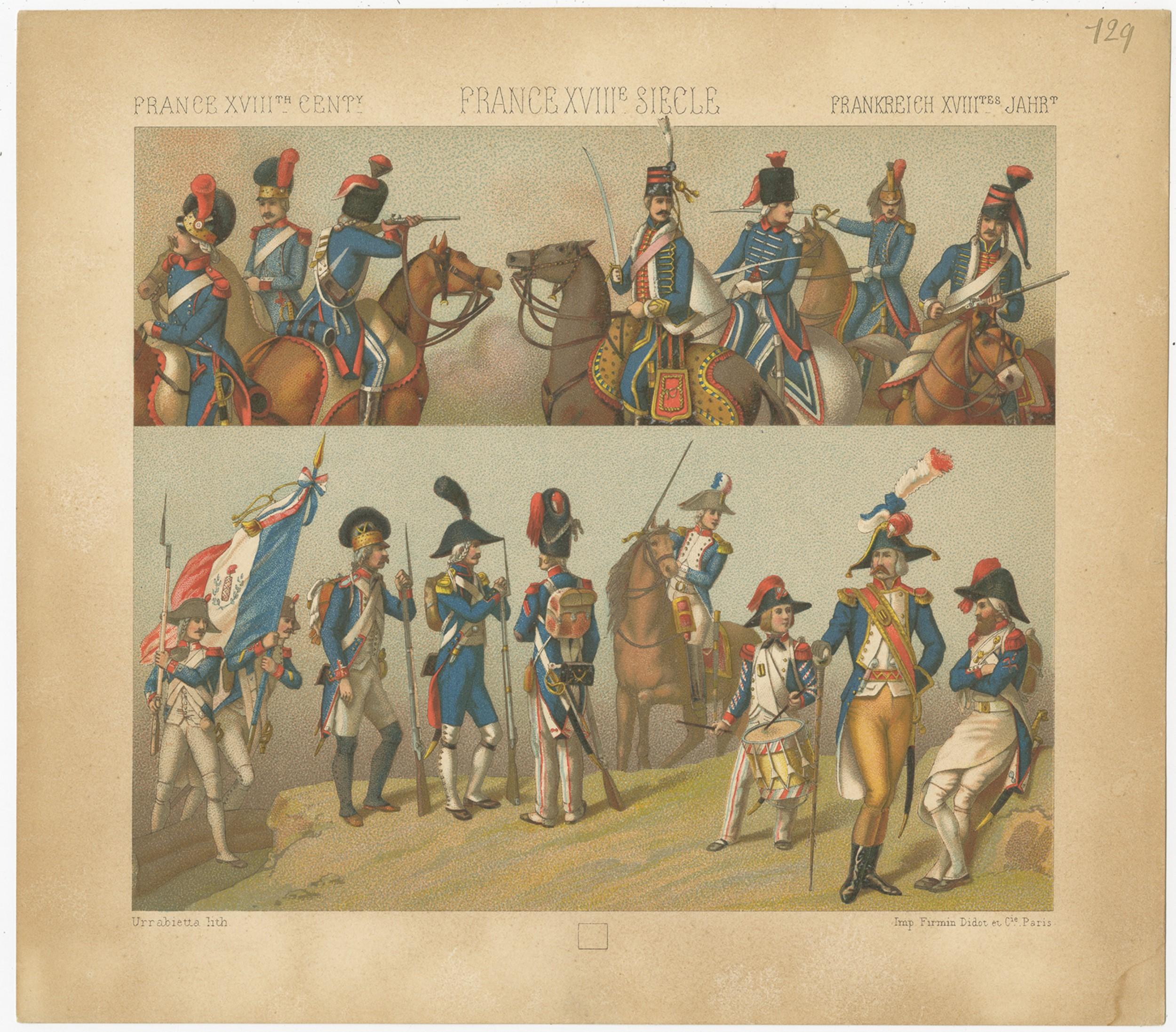 Pl. 129 Antique Print of French 18th Century Military Scenes by Racinet In Good Condition For Sale In Langweer, NL