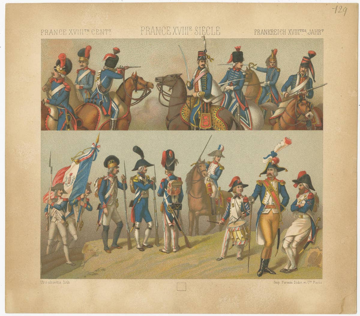 Pl. 129 Antique Print of French 18th Century Military Scenes by Racinet