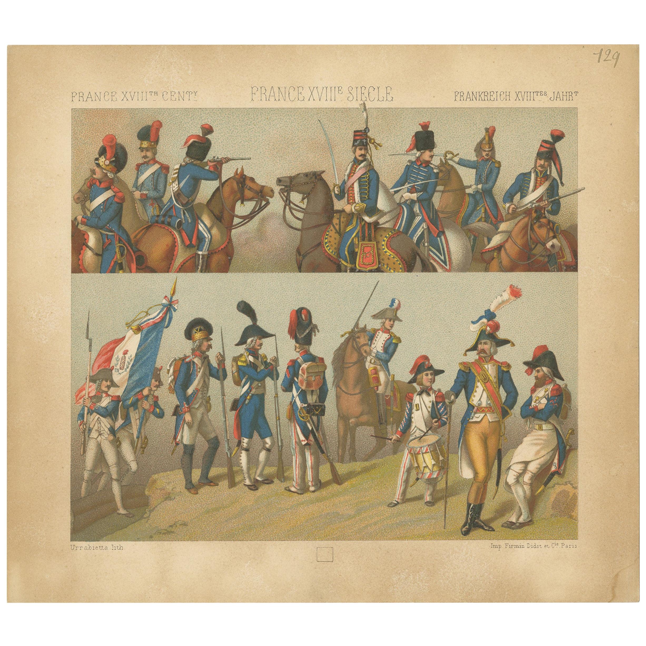 Pl. 129 Antique Print of French 18th Century Military Scenes by Racinet For Sale