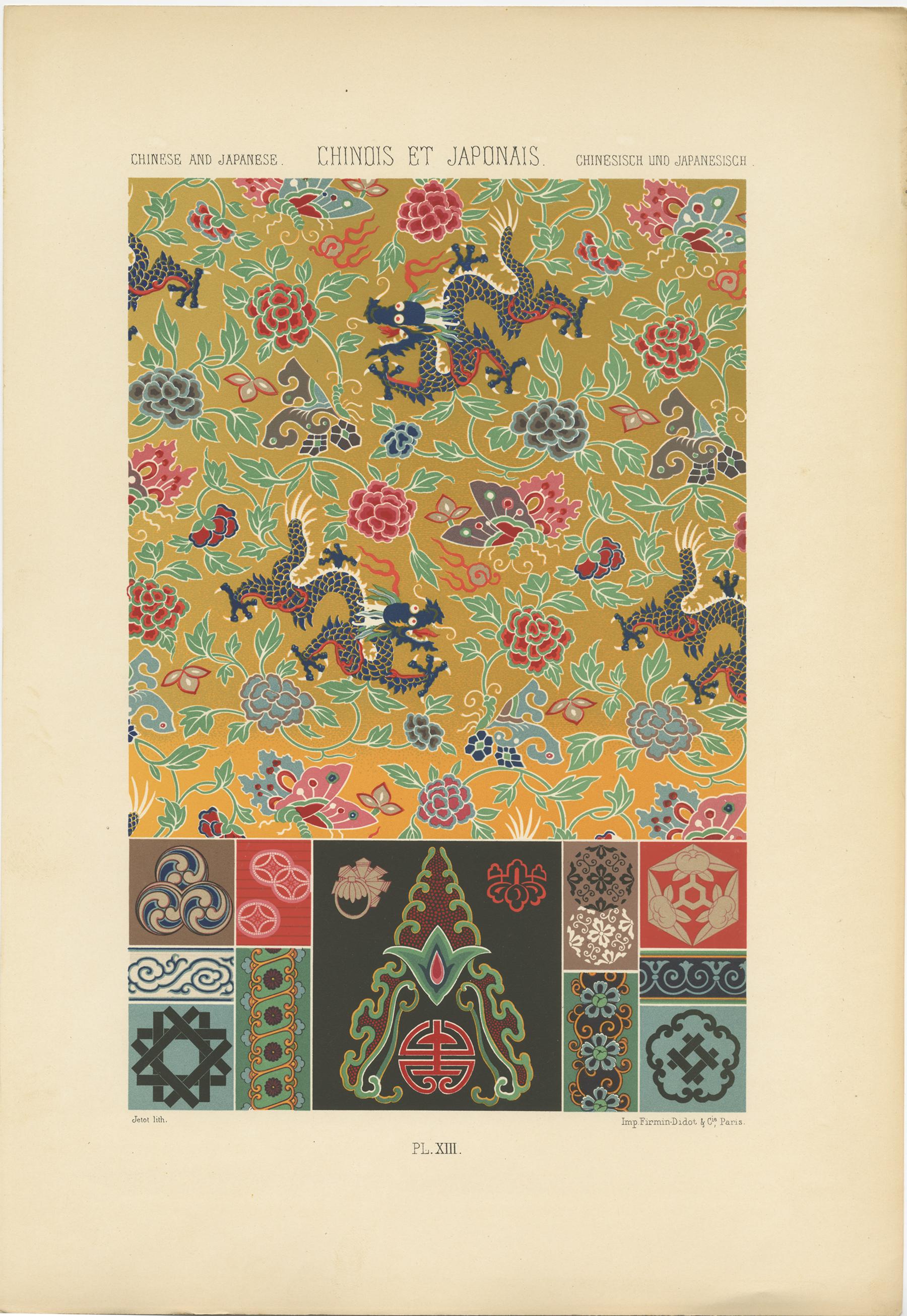 Antique print titled 'Chinese and Japanese - Chinois et Japonais - Chinesisch und Japanesisch'. Chromolithograph of Chinese and Japanese ornaments and decorative arts. This print originates from 'l'Ornement Polychrome' by Auguste Racinet. Published