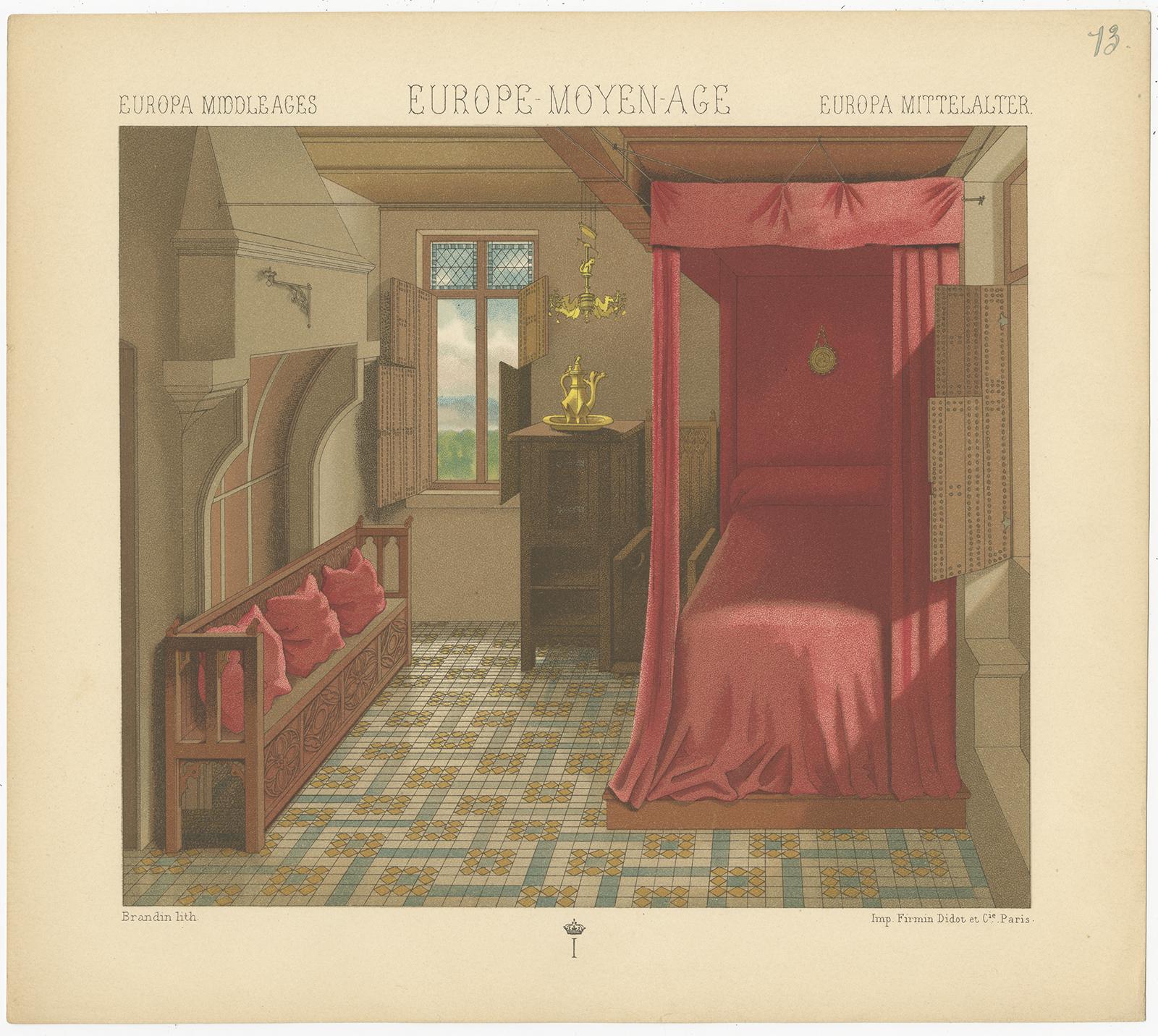 Antique print titled 'Europa Middle Ages - Europe Moyen Age - Europa Mittelalter'. Chromolithograph of European Middle Ages Bedroom. This print originates from 'Le Costume Historique' by M.A. Racinet. Published, circa 1880.