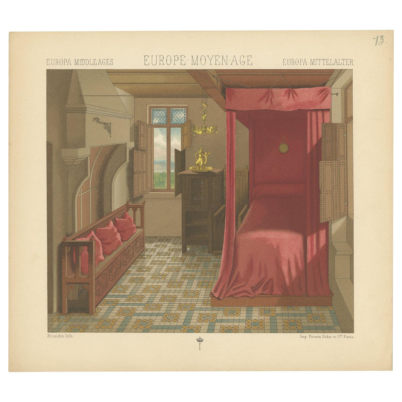 Pl. 13 Antique Print of European Middle Ages Bedroom by Racinet, circa 1880 For Sale