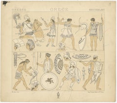 Pl. 13 Stampa antica di scene militari della Grecia di Racinet, 'circa 1880'. 13 Stampa antica di scene militari greche di Racinet, "circa 1880".