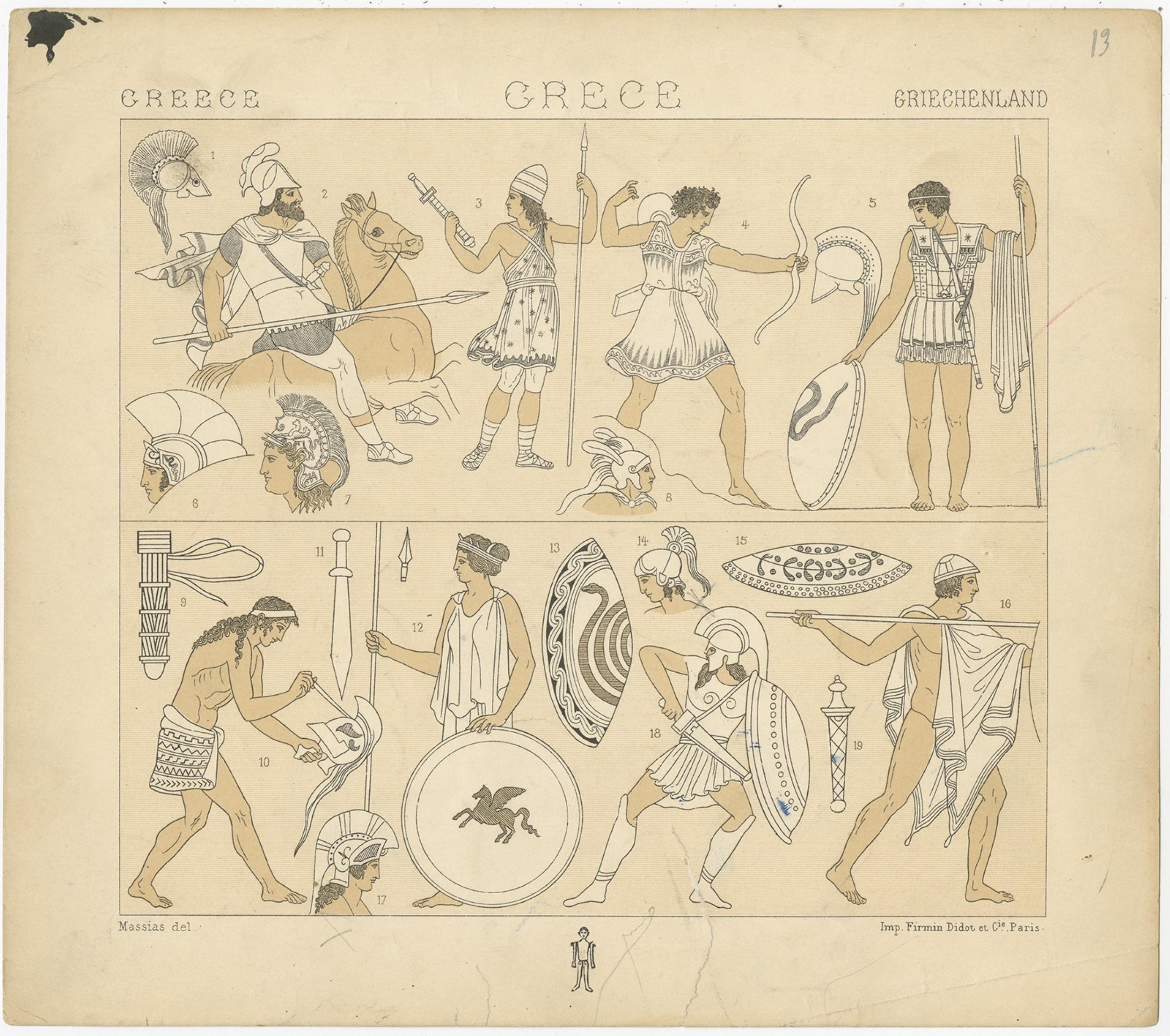 Pl. 13 Gravure ancienne de scènes militaires en Grèce par Racinet, 