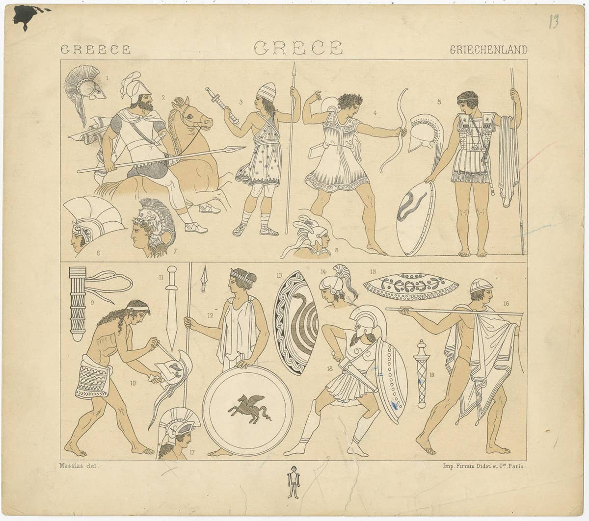 Pl. 13 Antique Print of Greece Military Scenes by Racinet, 'circa 1880'