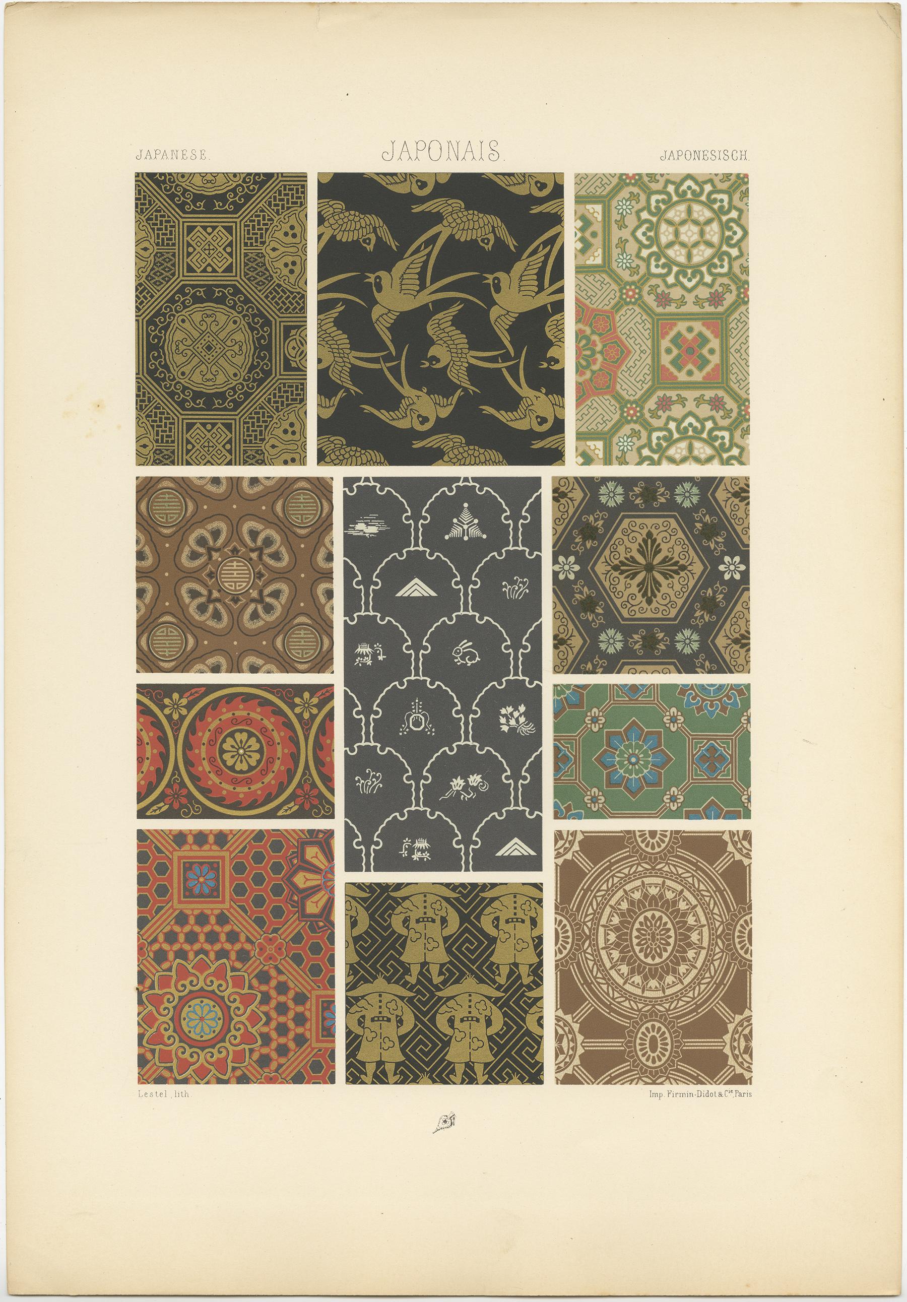 Antique print titled 'Japanese - Japonais - Japonesisch'. Chromolithograph of Japanese Motifs &Textiles ornaments. This print originates from 'l'Ornement Polychrome' by Auguste Racinet. Published circa 1890.