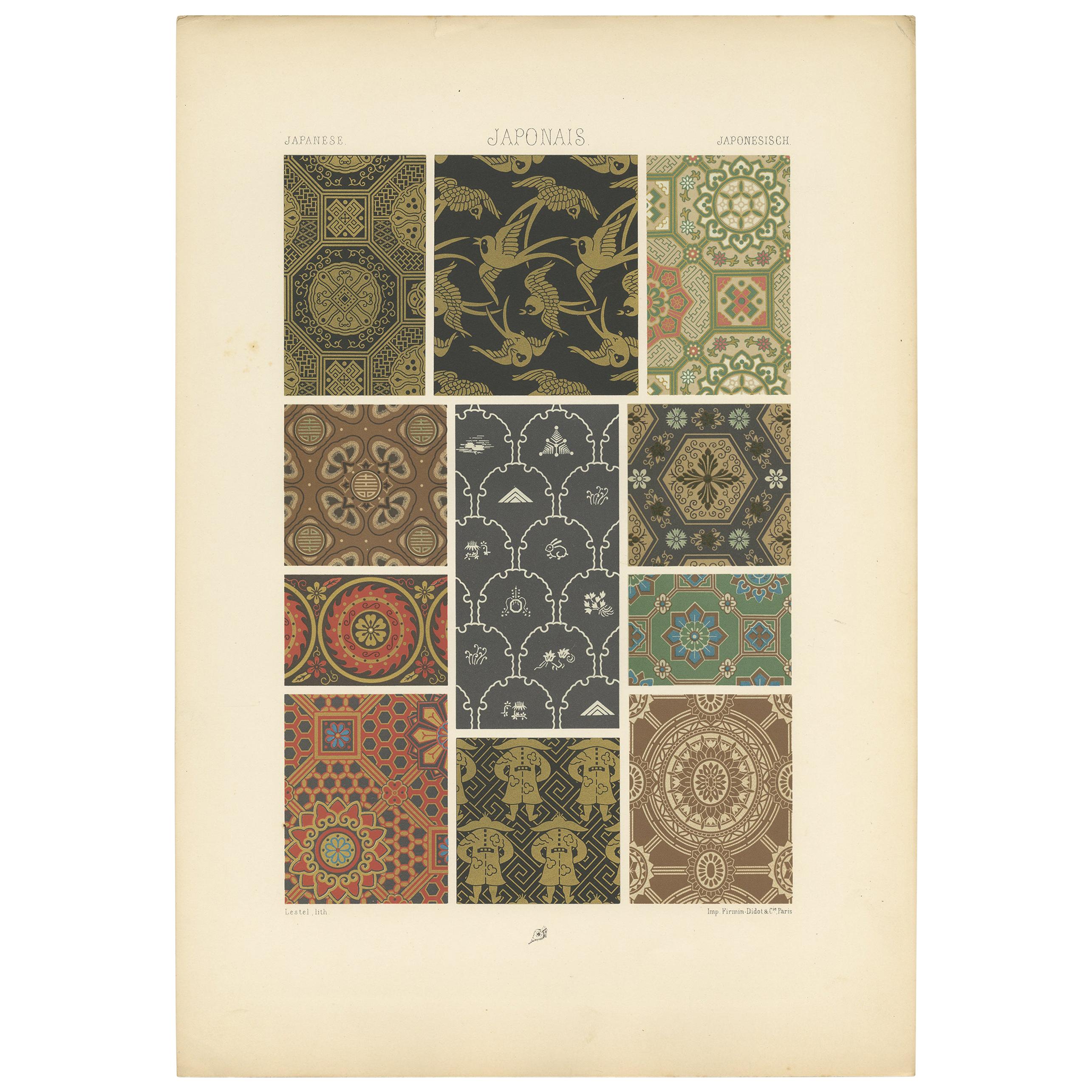 Pl. 13 Antique Print of Japanese Motifs & Textiles Ornaments, Racinet circa 1890
