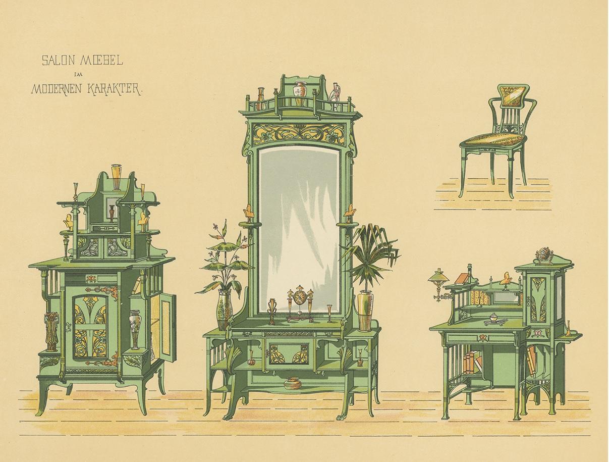 Pl. 13 Antique Print of Salon Furniture by Kramer, circa 1910 In Good Condition For Sale In Langweer, NL