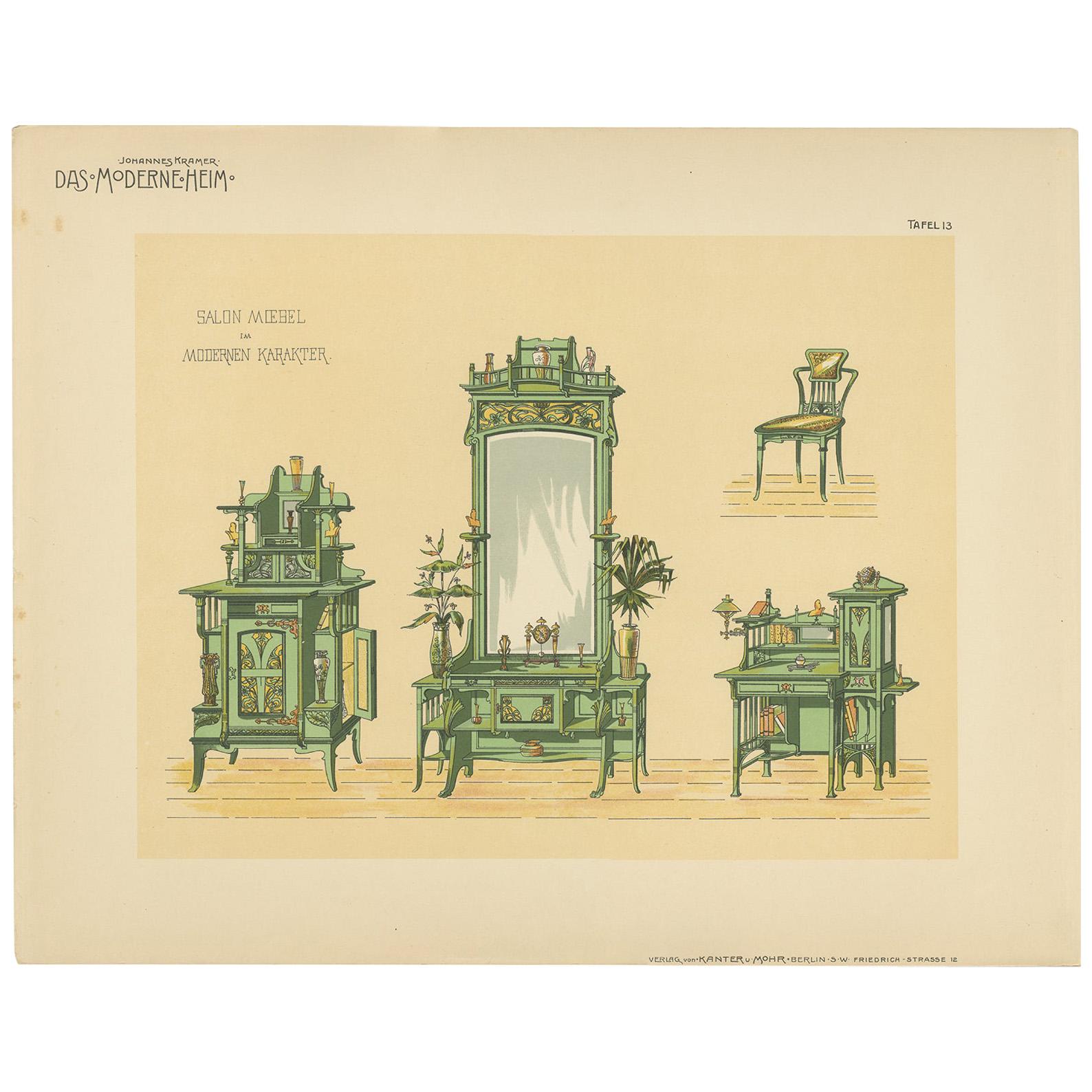 Pl. 13 Antique Print of Salon Furniture by Kramer, circa 1910 For Sale