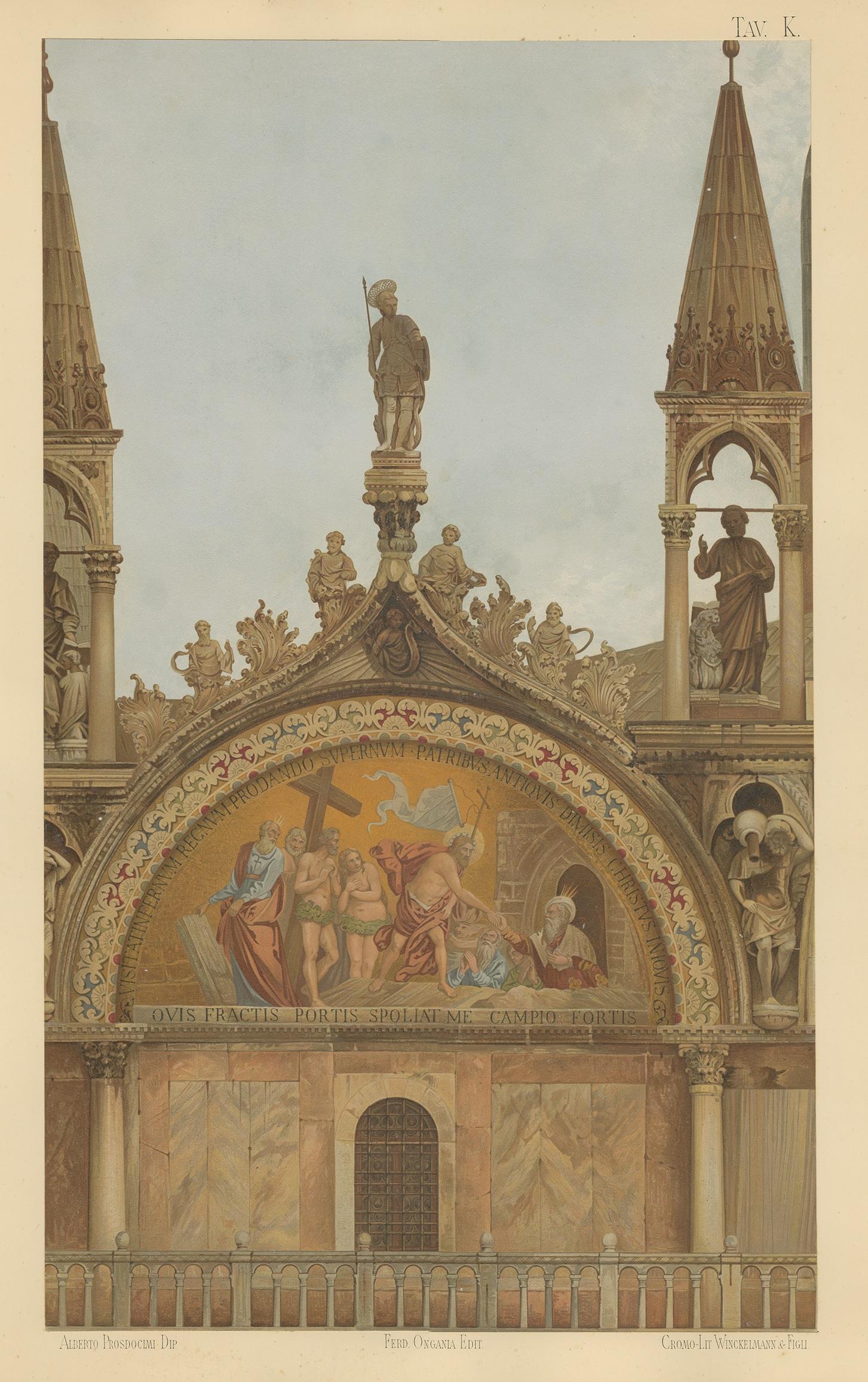 Large chromolithograph of the portal of San Pietro of the Basilica of San Marco, Venice, Italy. This print originates from 'Basilica di San Marco in Venezia' by Ferdinando Ongania. Published 1881.