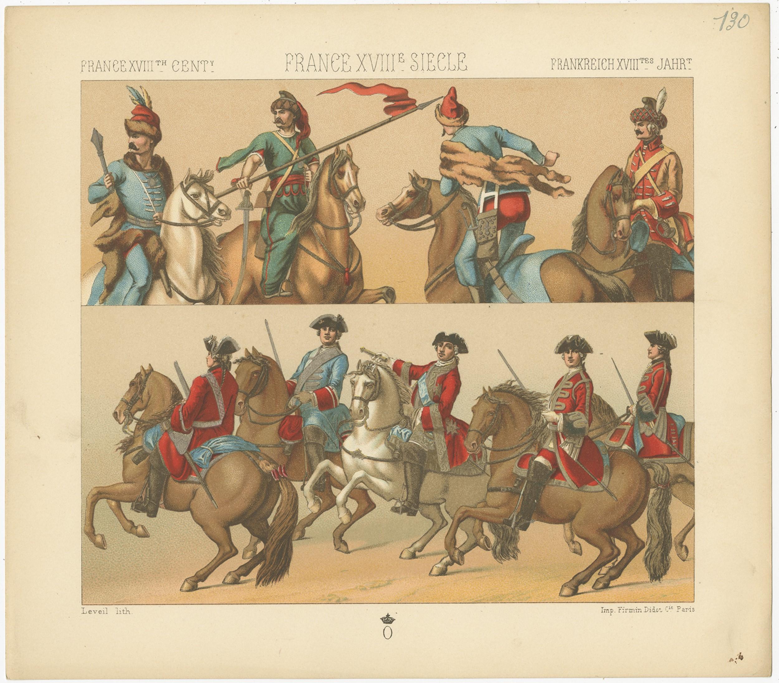 Antique print titled 'France XVIIIth Cent - France XVIIIe, Siecle - Frankreich XVIIItes Jahr'. Chromolithograph of French 18th century military outfits. This print originates from 'Le Costume Historique' by M.A. Racinet. Published, circa 1880.
 
  