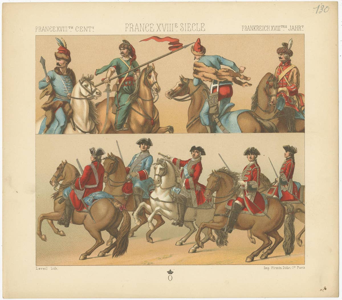 Pl. 130 Antique Print of French 18th Century Military Outfits by Racinet