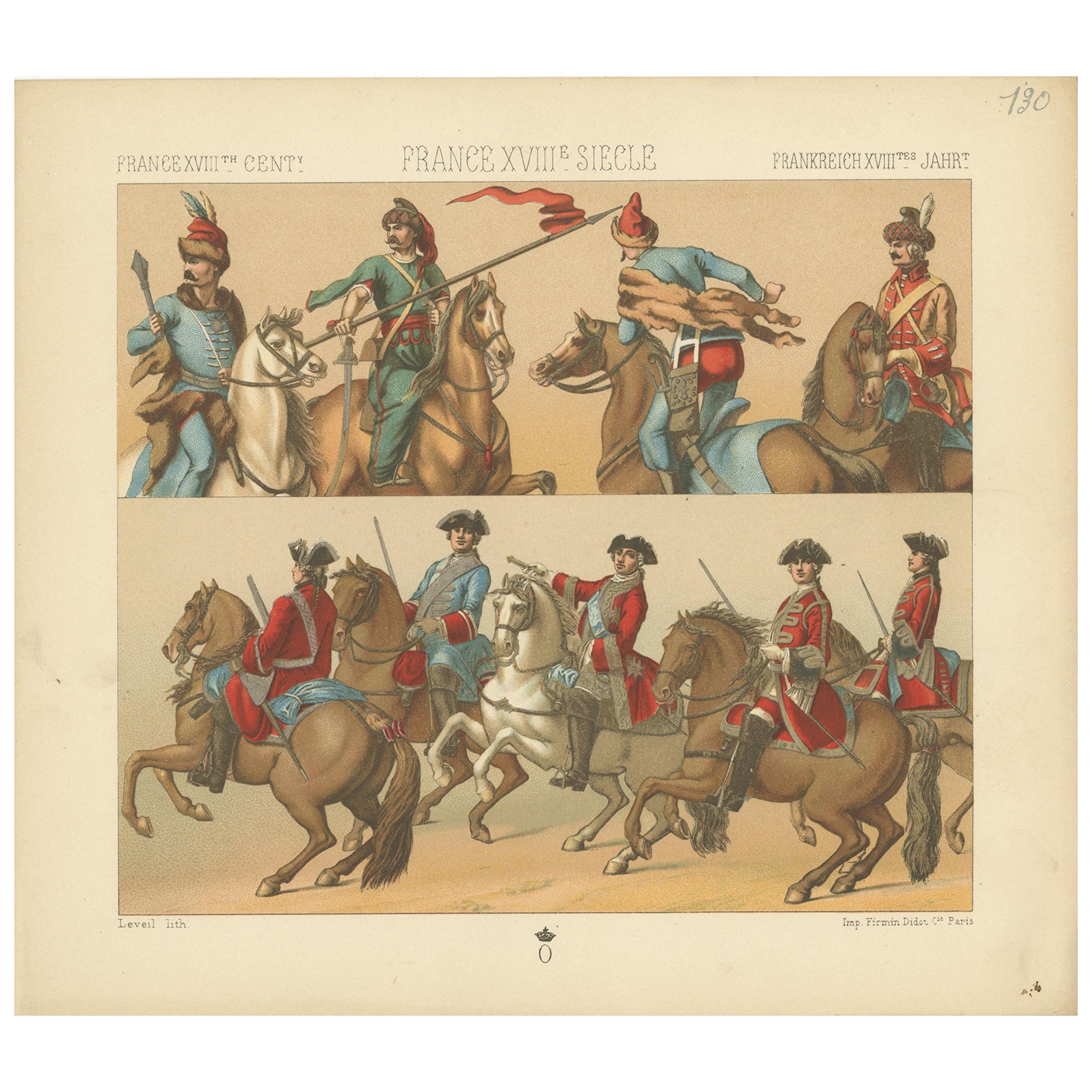 Pl. 130 Antiker Druck von französischen militärischen Outfits des 18. Jahrhunderts von Racinet