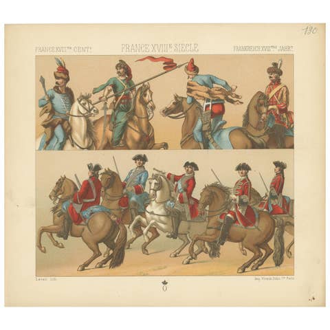 Pl. 130 Antique Print of French 18th Century Military Outfits by Racinet
