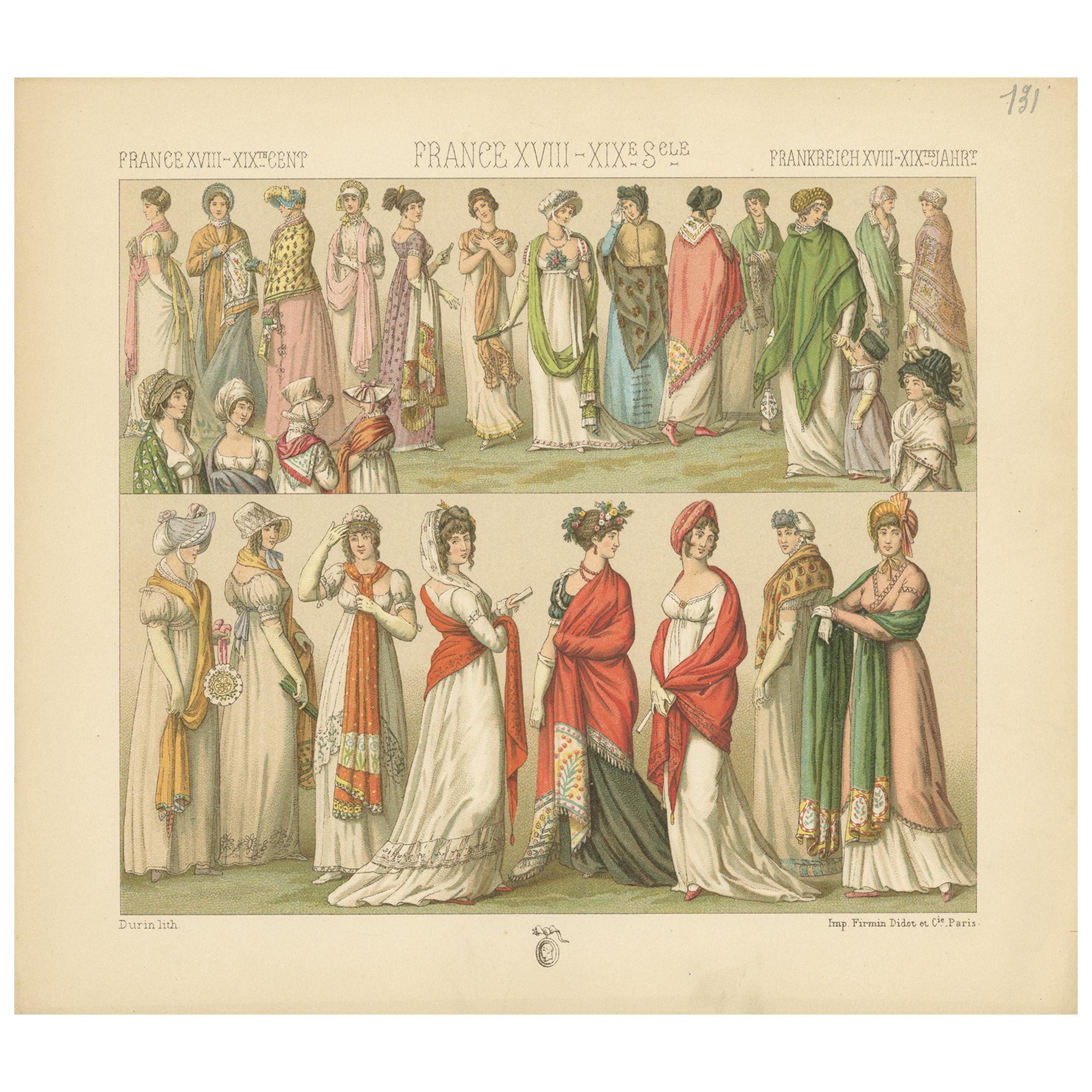 Pl. 131 Antique Print of French 18th-19th Century Women's Outfits by Racinet