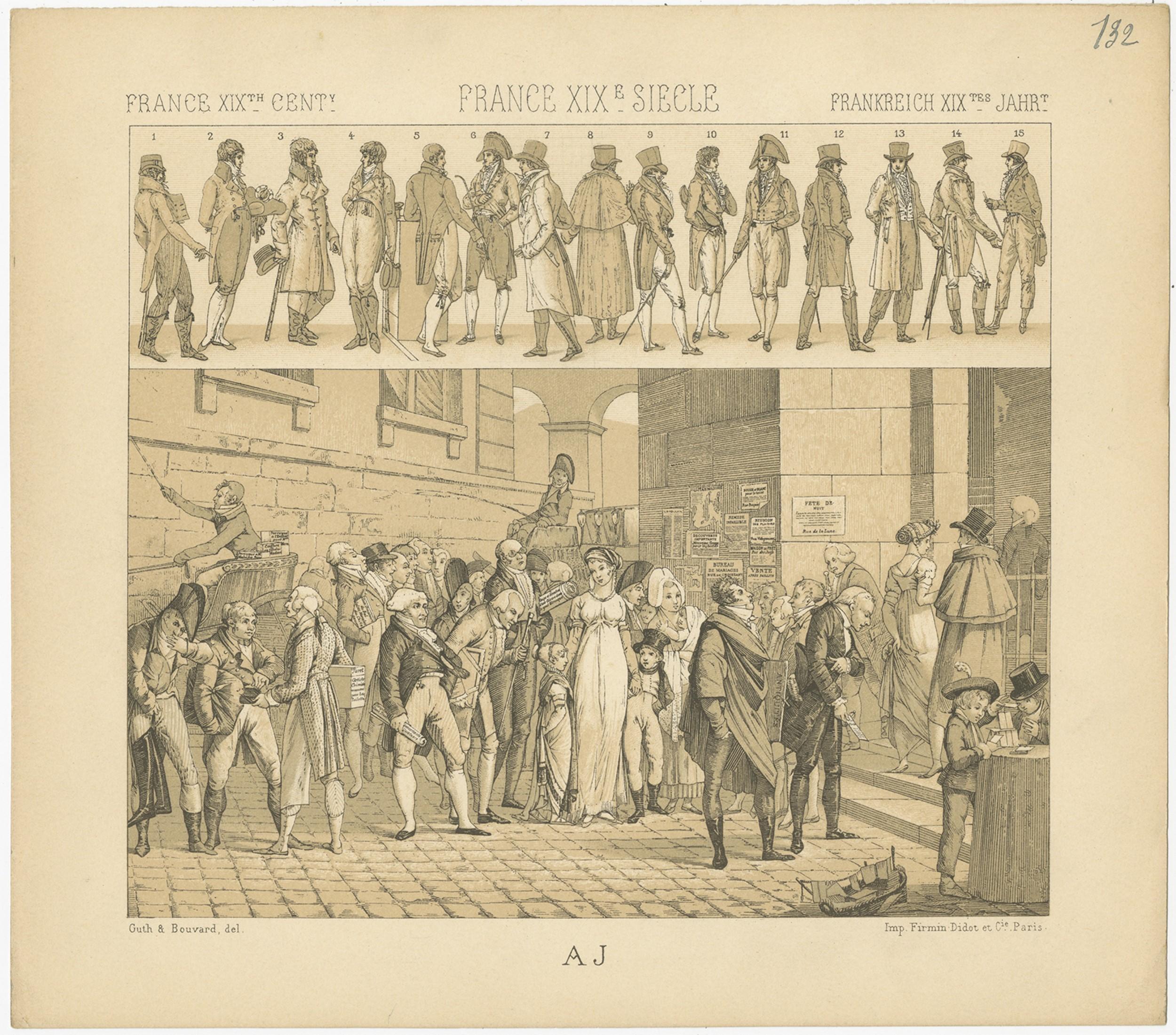 Paper Pl. 132 Antique Print of French 19th Century Outfits by Racinet, 'circa 1880' For Sale