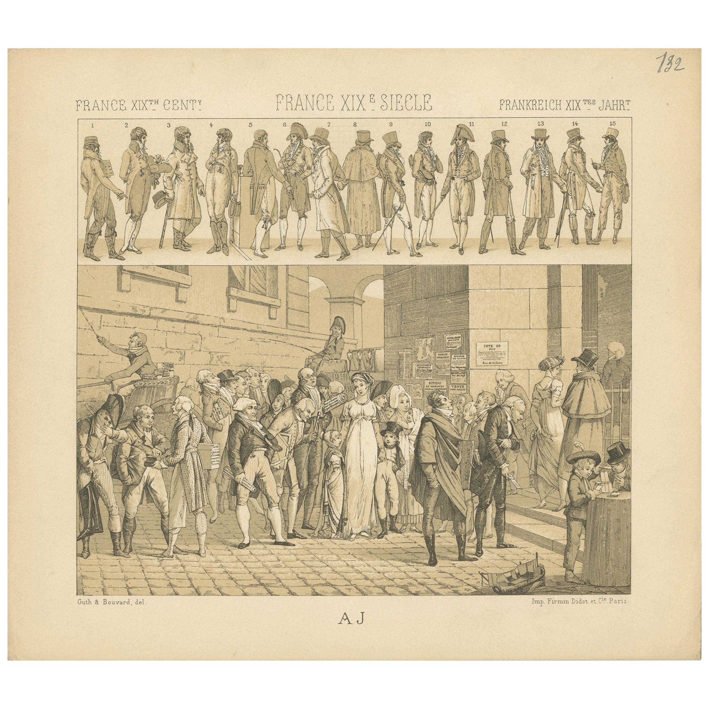 Pl. 132 Stampa antica di abiti francesi del XIX secolo di Racinet, "circa 1880".