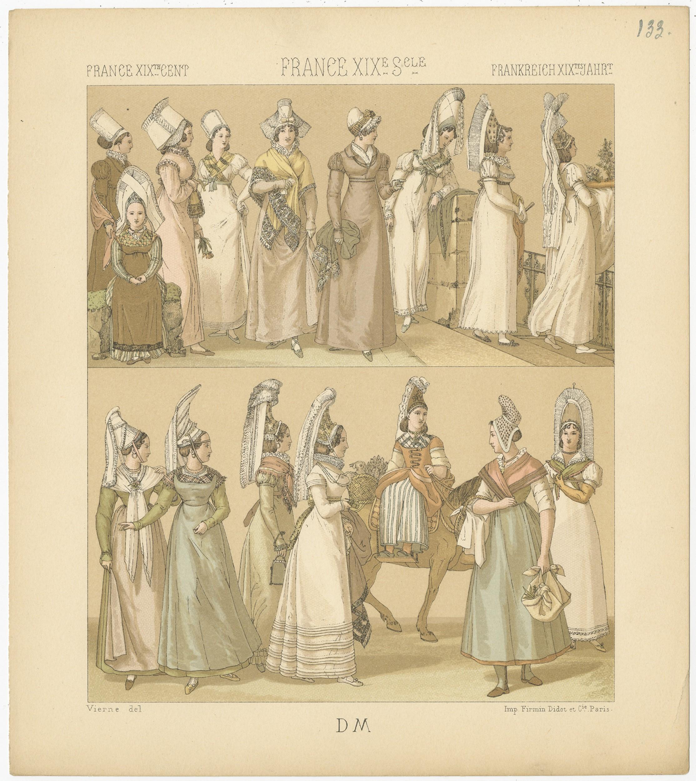 Pl. 133 Antique Print of French 19th Century Women's Outfits by Racinet In Good Condition For Sale In Langweer, NL