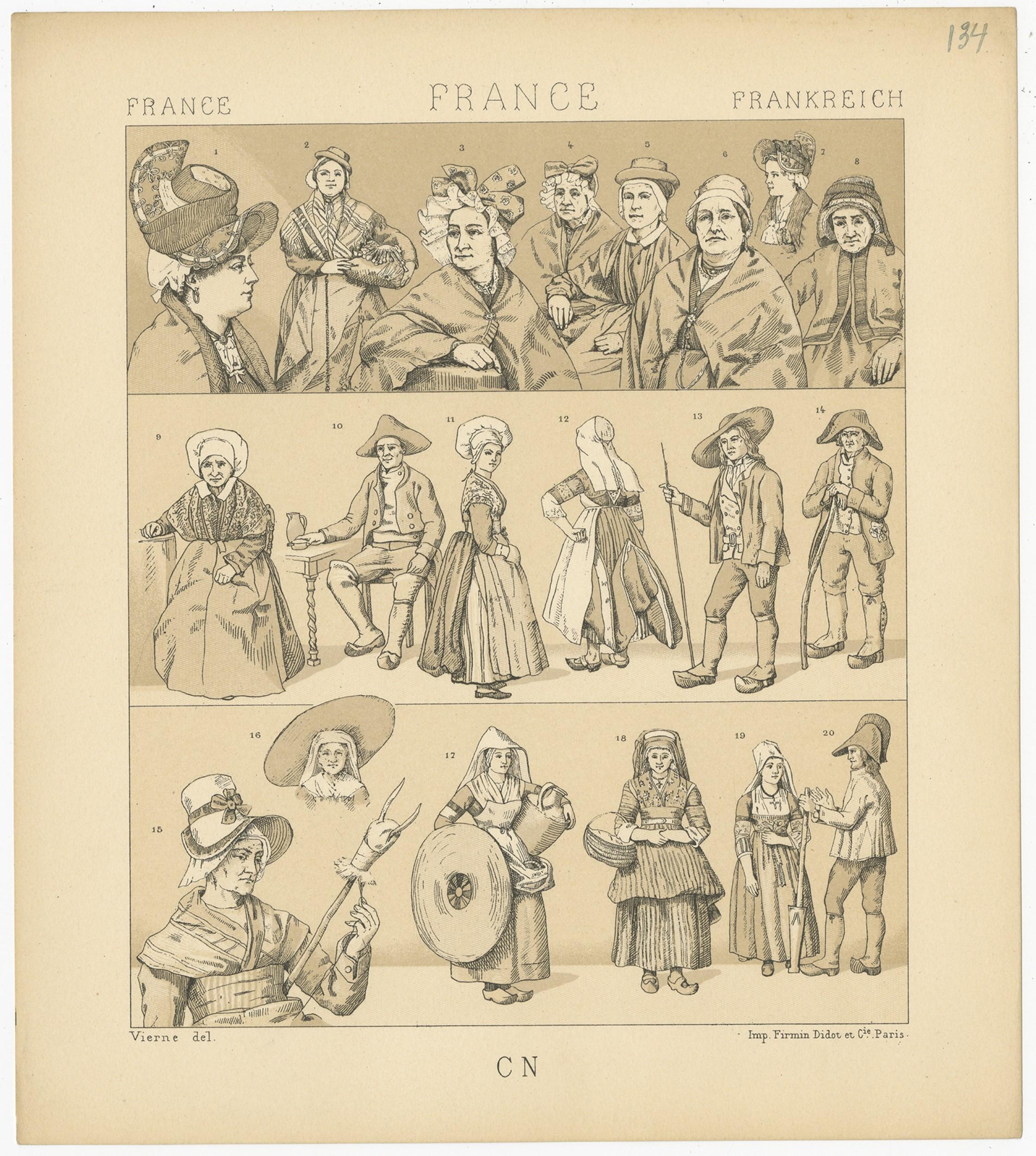Antique print titled 'France - France - Frankreich'. Chromolithograph of French outfits. This print originates from 'Le Costume Historique' by M.A. Racinet. Published, circa 1880.

    