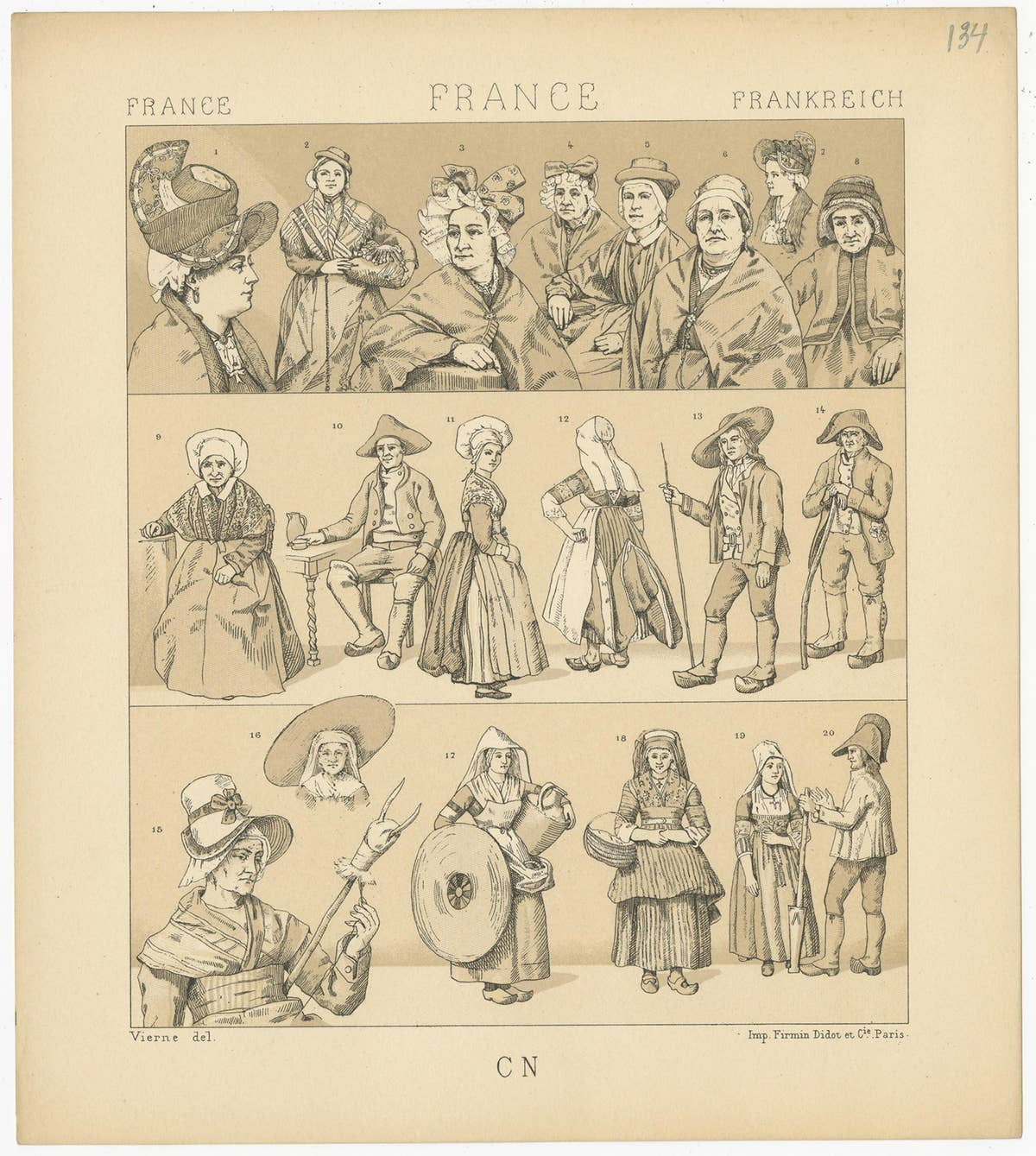 Pl. 134 Antique Print of French Outfits by Racinet, 'circa 1880'