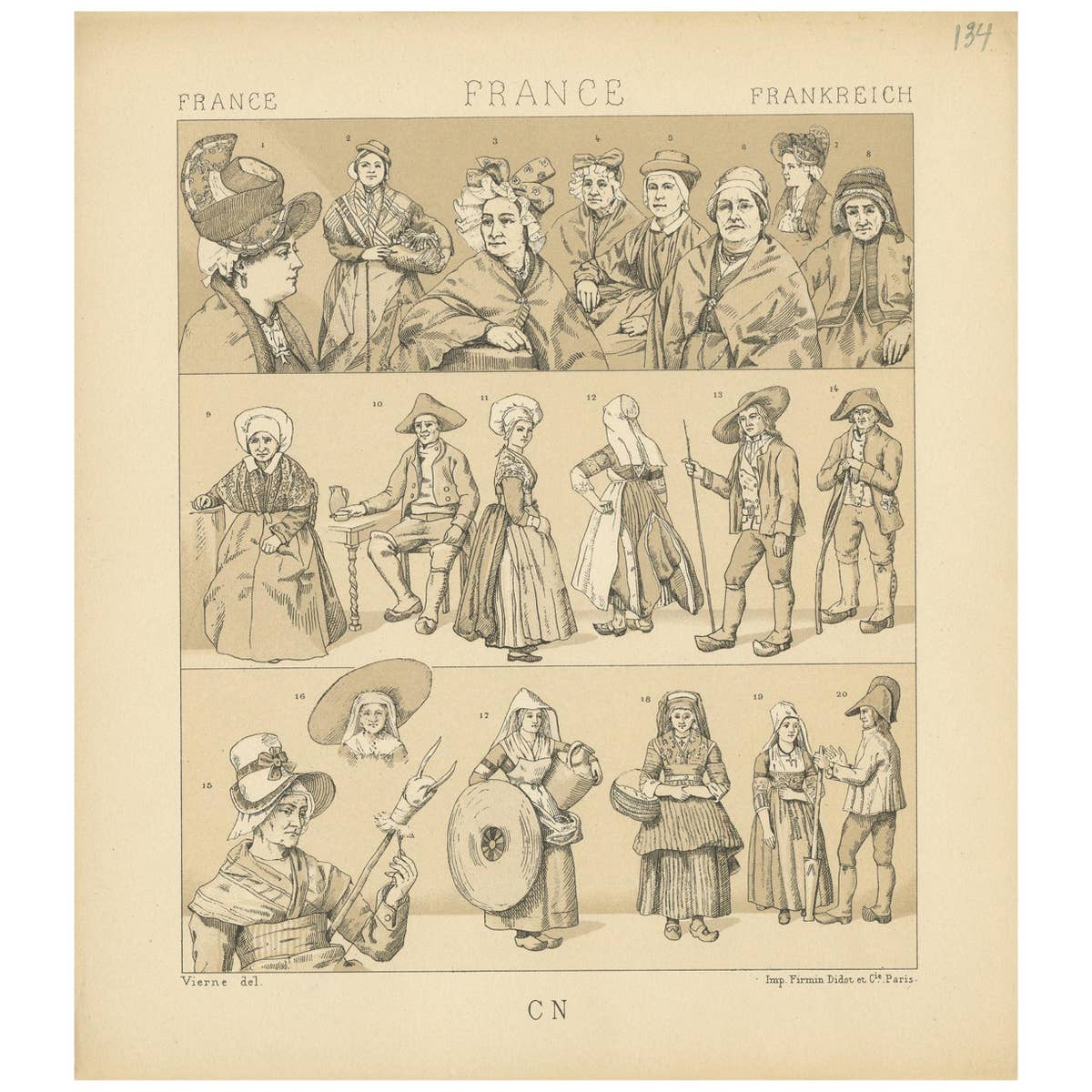 Pl. 134 Antique Print of French Outfits by Racinet, 'circa 1880'