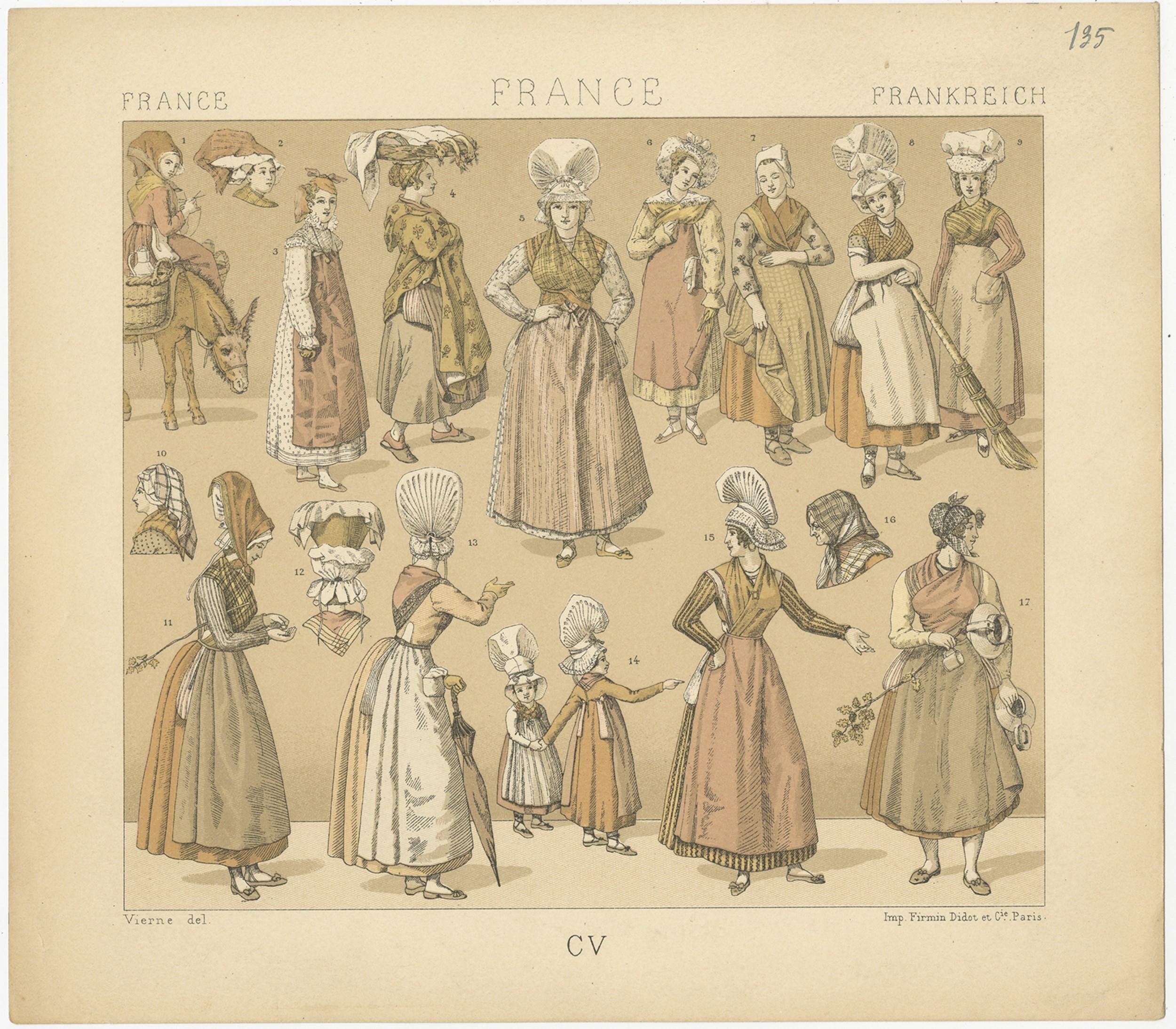 Antique print titled 'France - France - Frankreich'. Chromolithograph of French Women's Outfits. This print originates from 'Le Costume Historique' by M.A. Racinet. Published, circa 1880.

  