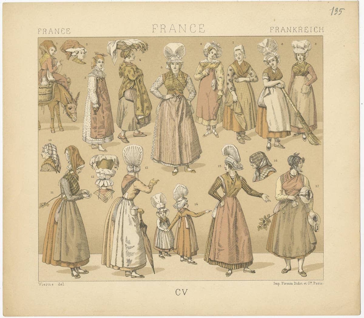 Pl. 135 Antique Print of French Women's Outfits by Racinet, 'circa 1880'