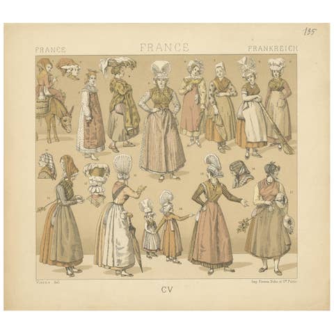 Pl. 135 Antique Print of French Women's Outfits by Racinet, 'circa 1880'