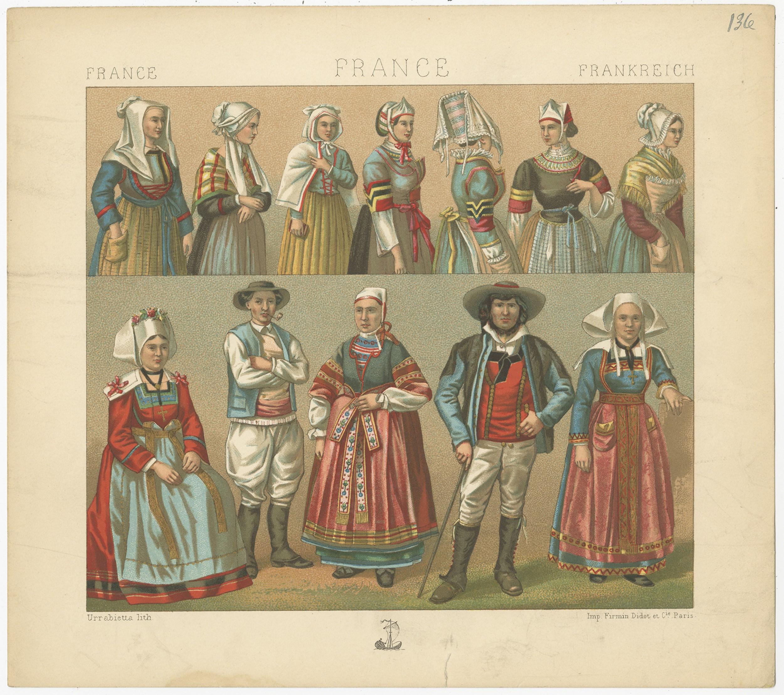 Antique print titled 'France - France - Frankreich'. Chromolithograph of French outfits. This print originates from 'Le Costume Historique' by M.A. Racinet. Published, circa 1880.

  
