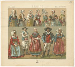 Pl. 136 Antique Print of French Outfits by Racinet, 'circa 1880'