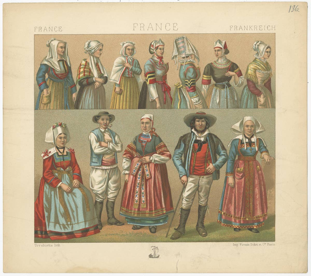 Pl. 136 Antique Print of French Outfits by Racinet, 'circa 1880'