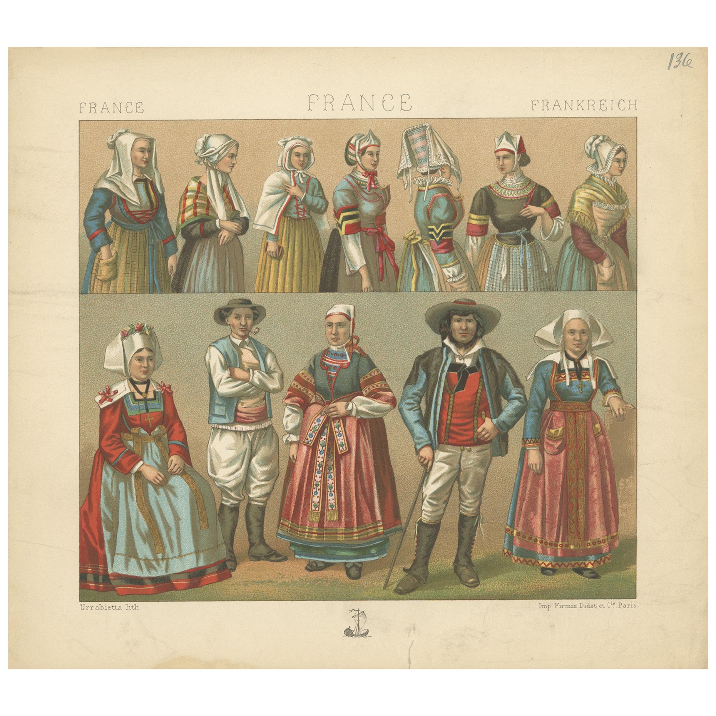 Pl. 136 Antique Print of French Outfits by Racinet, 'circa 1880'