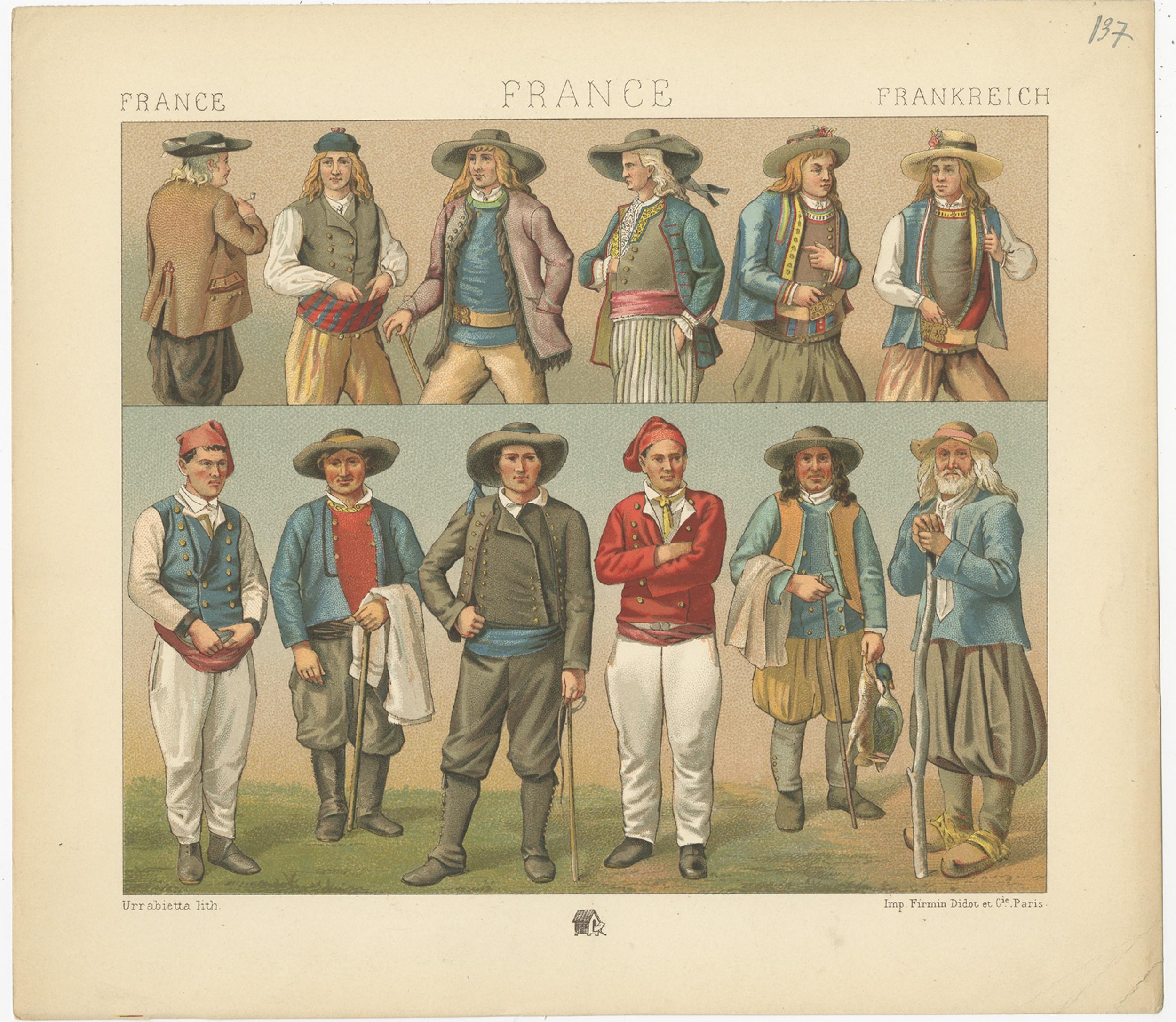 Antique print titled 'France - France - Frankreich'. Chromolithograph of French Outfits. This print originates from 'Le Costume Historique' by M.A. Racinet. Published, circa 1880.
 
 