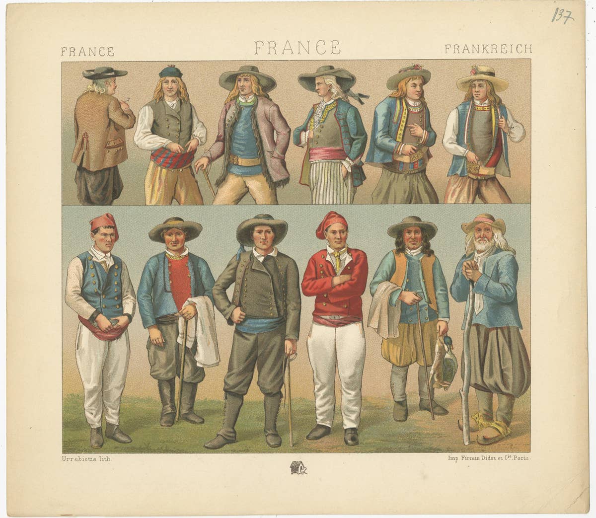 Pl. 137 Antique Print of French Outfits by Racinet, 'circa 1880'