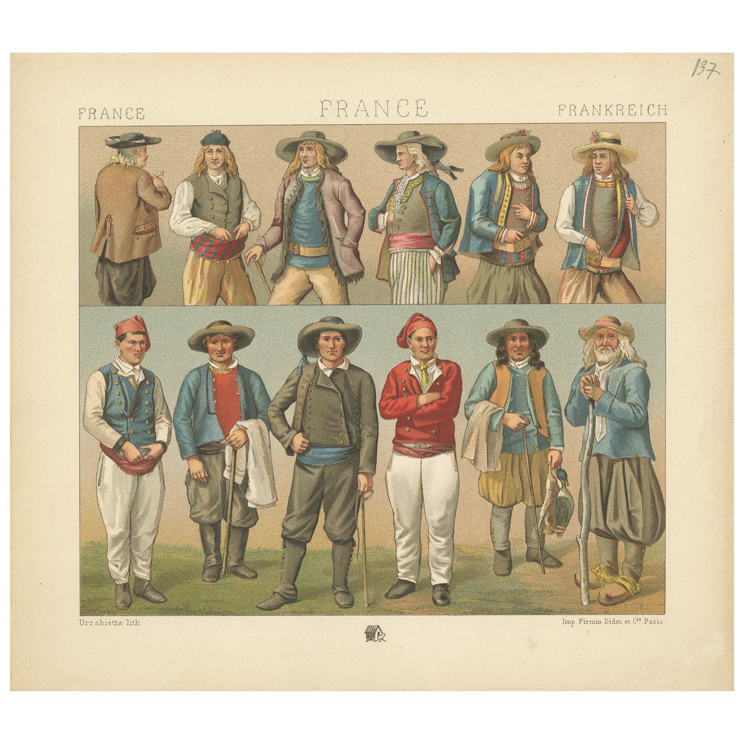 Pl. 137 Antique Print of French Outfits by Racinet, 'circa 1880' For Sale