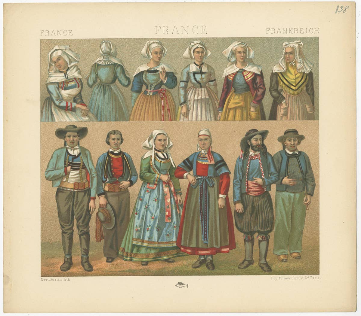 Pl. 138 Antique Print of French Outfits by Racinet, 'circa 1880'