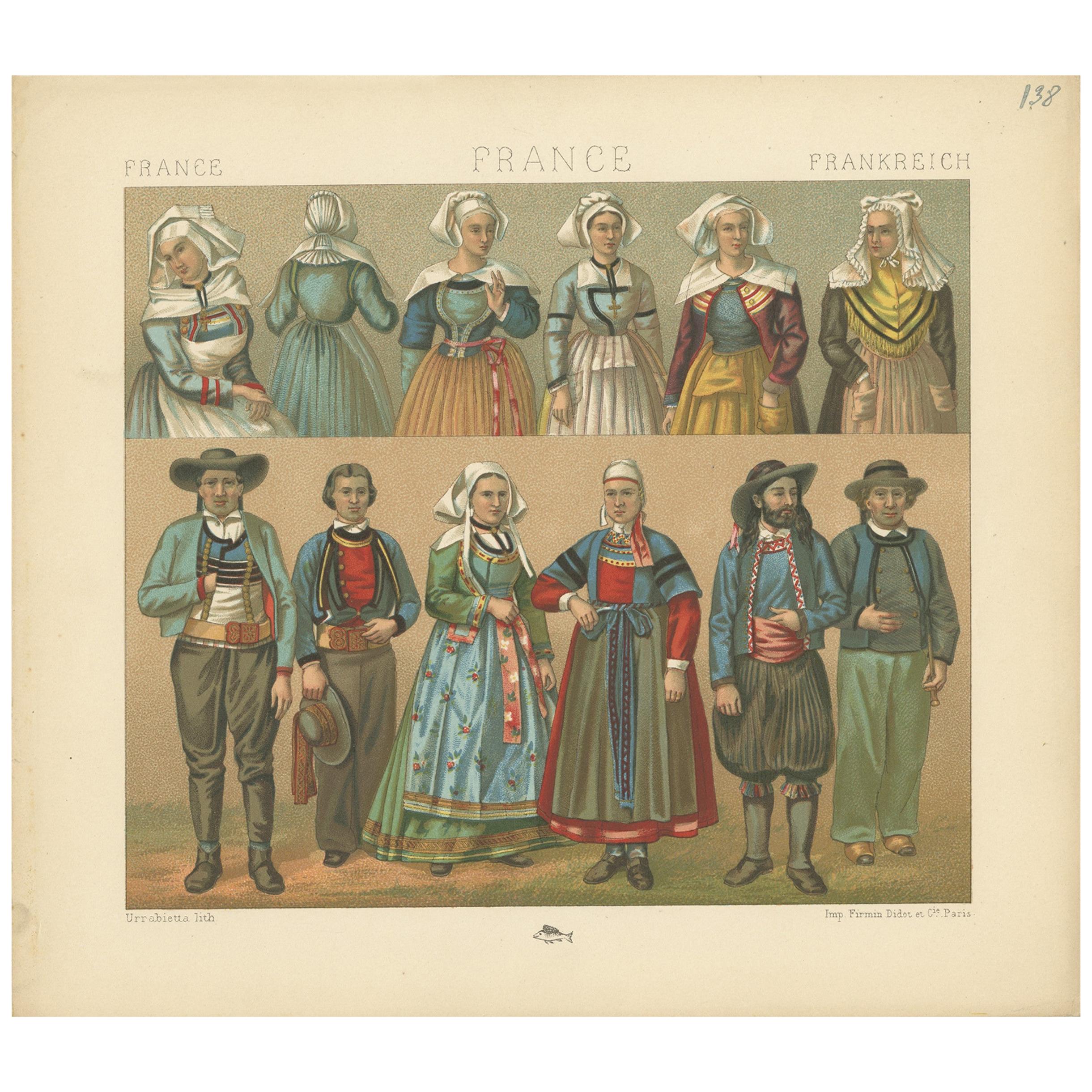 Pl. 138 Antique Print of French Outfits by Racinet, 'circa 1880'