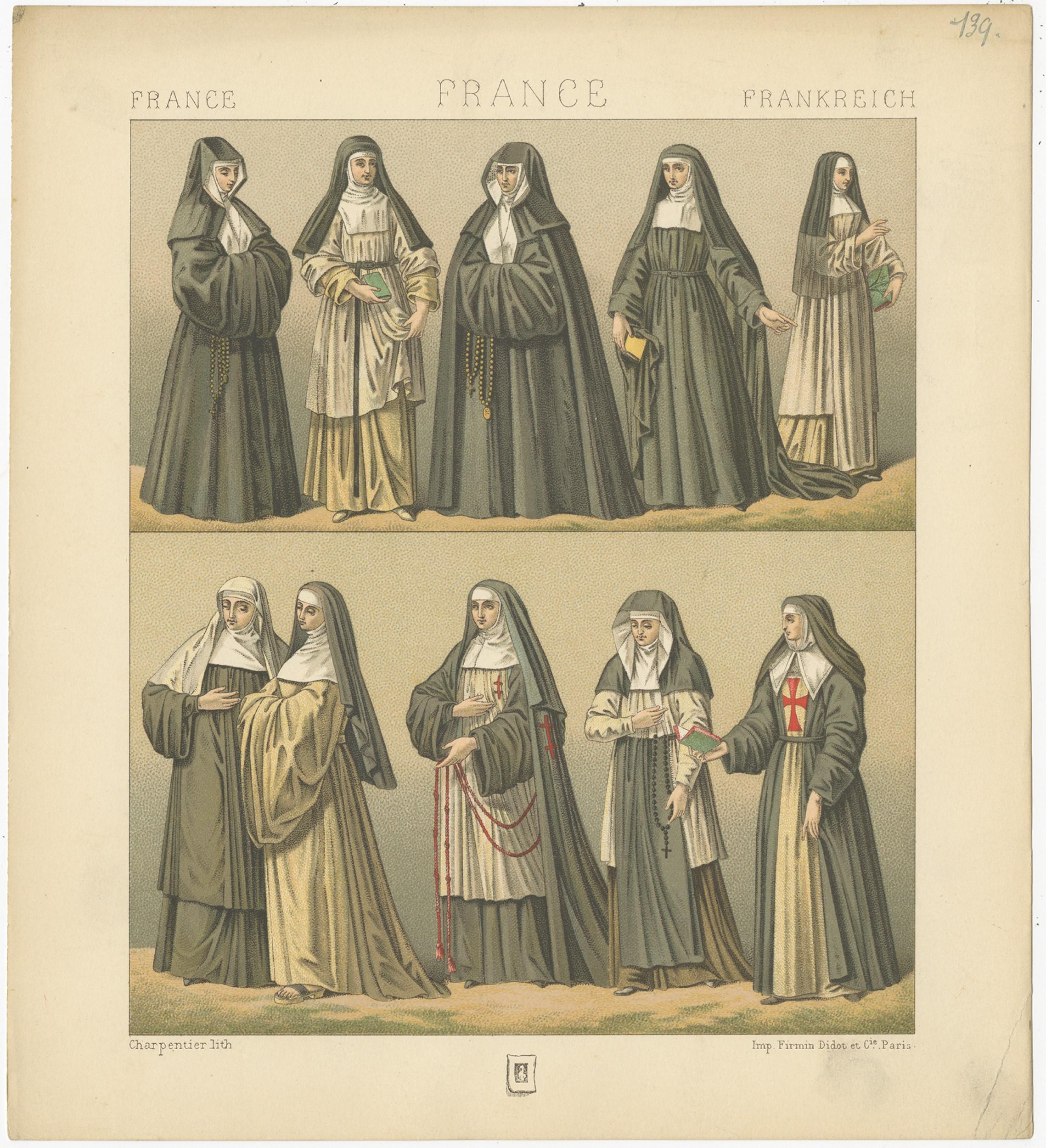 Antique print titled 'France - France - Frankreich'. Chromolithograph of French Nuns. This print originates from 'Le Costume Historique' by M.A. Racinet. Published, circa 1880.
 
   