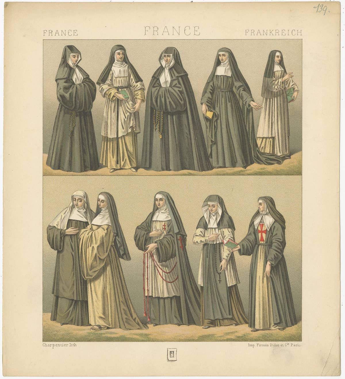 Pl. 139 Antique Print of French Nuns by Racinet, 'circa 1880'
