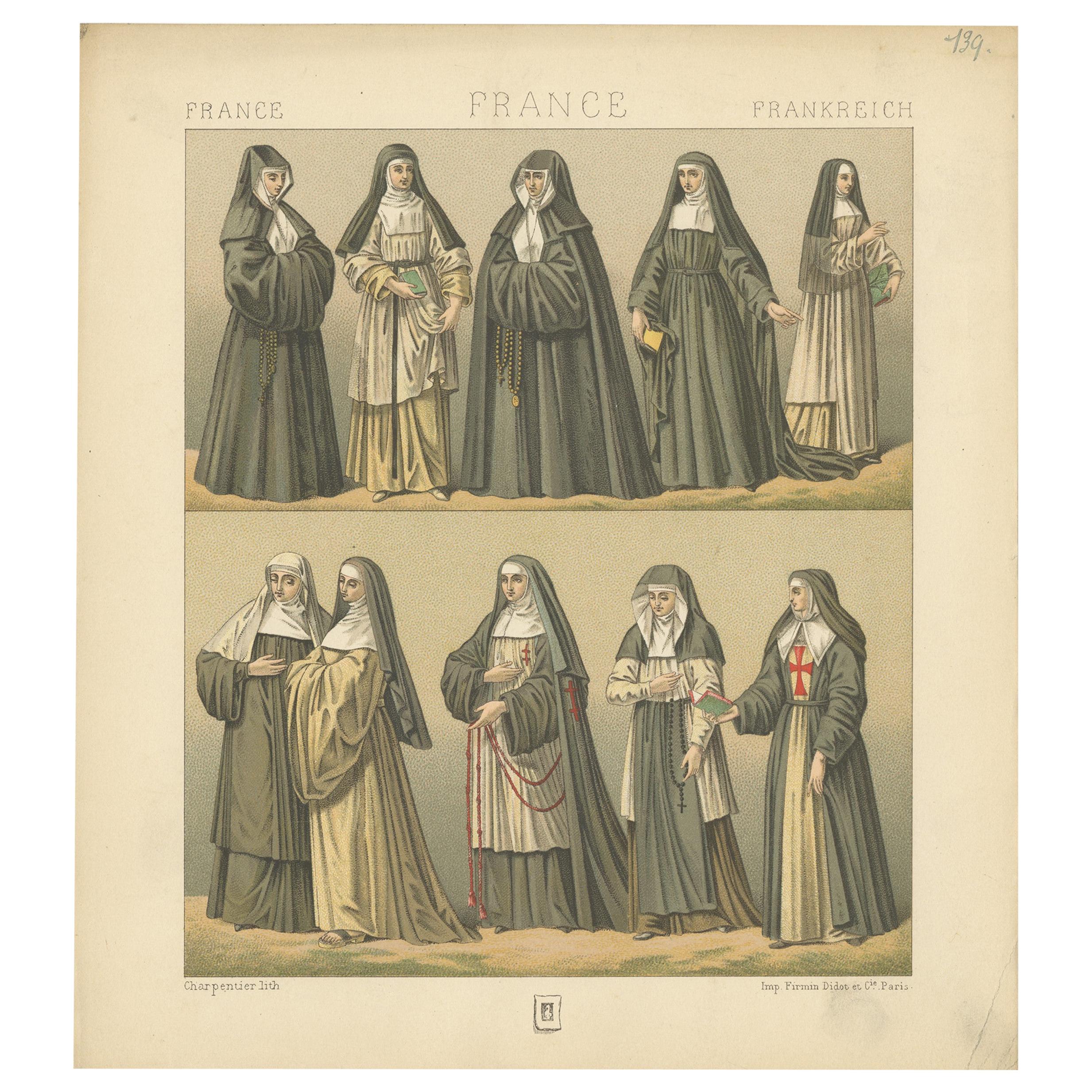 Pl. 139 Antique Print of French Nuns by Racinet, 'circa 1880' For Sale