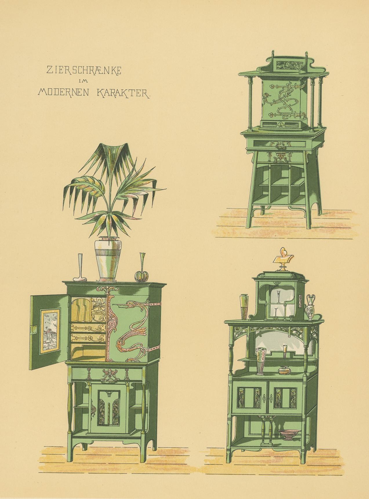 Antique print titled 'Zierschraenke im Modernen Karakter'. Lithograph of decorative cabinets. This print originates from 'Det Moderna Hemmet' by Johannes Kramer. Published by Ferdinand Hey'l, circa 1910.